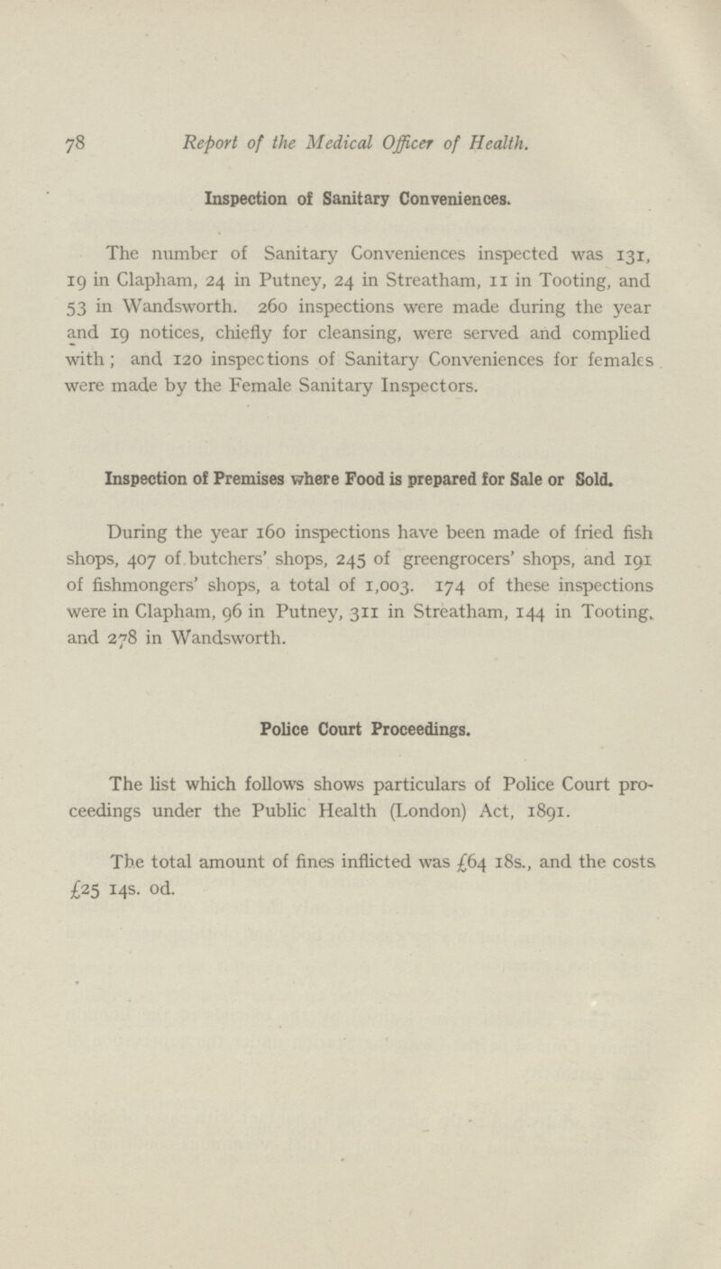 78 Report of the Medical Officer of Health. Inspection of Sanitary Conveniences. The number of Sanitary Conveniences inspected was 131, 19 in Clapham, 24 in Putney, 24 in Streatham, 11 in Tooting, and 53 in Wandsworth. 260 inspections were made during the year and 19 notices, chiefly for cleansing, were served and complied with; and 120 inspections of Sanitary Conveniences for females were made by the Female Sanitary Inspectors. Inspection of Premises where Food is prepared for Sale or Sold. During the year 160 inspections have been made of fried fish shops, 407 of butchers' shops, 245 of greengrocers' shops, and 191 of fishmongers' shops, a total of 1,003. 174 of these inspections were in Clapham, 96 in Putney, 311 in Streatham, 144 in Tooting, and 278 in Wandsworth.