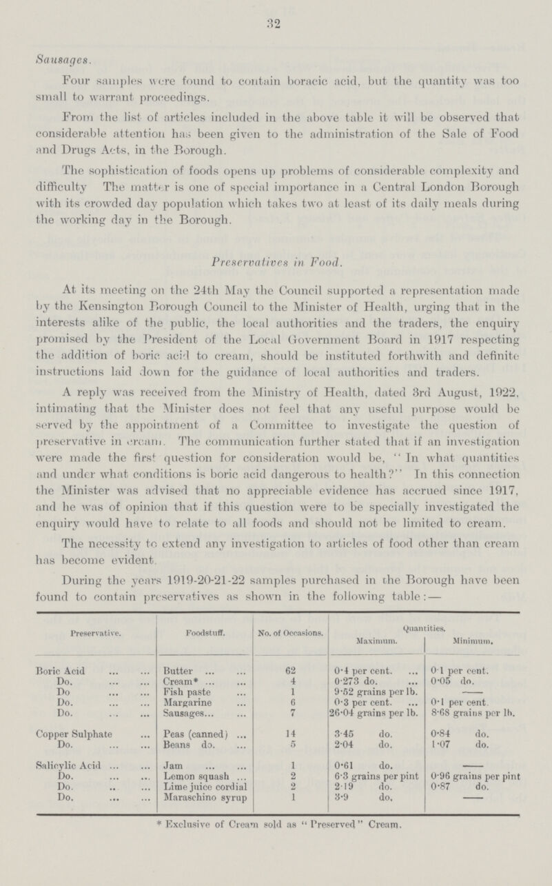 32 Sausages. Four samples were found to contain boracic acid, but the quantity was too small to warrant proceedings. From the list of articles included in the above table it will be observed that considerable attention has been given to the administration of the Sale of Food and Drugs Acts, in the Borough. The sophistication of foods opens up problems of considerable complexity and difficulty The matter is one of special importance in a Central London Borough with its crowded day population which takes two at least of its daily meals during the working day in the Borough. Preservatives in Food. At its meeting on the 24th May the Council supported a representation made by the Kensington Borough Council to the Minister of Health, urging that in the interests alike of the public, the local authorities and the traders, the enquiry promised by the President of the Local Government Board in 1917 respecting the addition of boric, acid to cream, should be instituted forthwith and definite instructions laid down for the guidance of local authorities and traders. A reply was received from the Ministry of Health, dated 3rd August, 1922, intimating that the Minister does not feel that any useful purpose would be served by the appointment of a Committee to investigate the question of preservative iti .-ream. The communication further stated that if an investigation were made the first question for consideration would be,  In what quantities and under what conditions is boric acid dangerous to health? In this connection the Minister was advised that no appreciable evidence has accrued since 1917, and he was of opinion that if this question were to be specially investigated the enquiry would have to relate to all foods and should not be limited to cream. The necessity to extend any investigation to articles of food other than cream has become evident. During the years 1919-20-21-22 samples purchased in che Borough have been found to contain preservatives as shown in the following table:— Preservative. Foodstuff. No. of Occasions. Quantities. Maximum. Minimum. Boric Acid Butter 62 0.4 per cent. 0.1 per cent. Do. Cream* 4 0.273 do 0.05 do. Do. Fish paste 1 9.52 grains per lb. Do. Margarine 6 0.3 per cent. 0.1 percent. Do. Sausages 7 20.04 grains per lb. 8.68 grains per lb. Copper Sulphate Peas (canned) 14 3.45 do. 0.84 do. Do. Beans do. 5 2.04 do. 1.07 do. Salicylic Acid Jam 1 0.61 do. Do. Lemon squash 2 6.3 grains per pint 0.96 grains per pint Do. Lime juice cordial 2 2.19 do. 0.87 do. Do. Maraschino syrup 1 3.9 do. *Exclusive of Cream sold as  Preserved Cream.