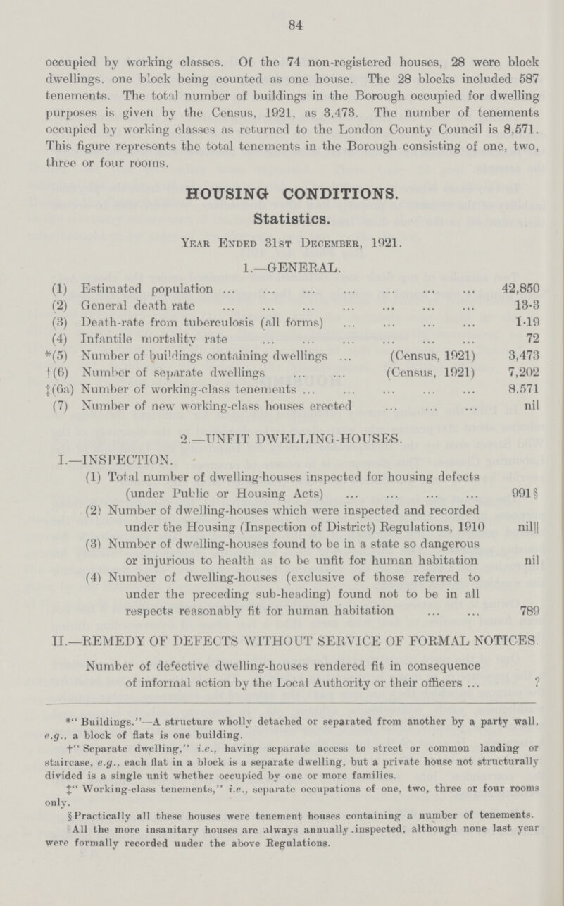 84 occupied by working classes. Of the 74 non-registered houses, 28 were block dwellings. one block being counted as one house. The 28 blocks included 587 tenements. The total number of buildings in the Borough occupied for dwelling purposes is given by the Census, 1921, as 3,473. The number of tenements occupied by working classes as returned to the London County Council is 8,571. This figure represents the total tenements in the Borough consisting of one, two, three or four rooms. HOUSING CONDITIONS. Statistics. Year Ended 31st December, 1921. 1.—GENERAL. (1) Estimated population 42,850 (2) General death rate 13-3 (3) Death-rate from tuberculosis (all forms) 1-19 (4) Infantile mortality rate 72 *(5) Number of buildings containing dwellings (Census, 1921) 3,473 †(6) Number of separate dwellings (Census, 1921) 7,202 ‡ (6a) Number of working-class tenements 8.571 (7) Number of new working-class houses erected nil 2.—UNFIT DWELLING-HOUSES. I.— INSPECTION. (1) Total number of dwelling-houses inspected for housing defects (under Public or Housing Acts) 991 § (2) Number of dwelling-houses which were inspected and recorded under the Housing (Inspection of District) Regulations, 1910 nil|| (3) Number of dwelling-houses found to be in a state so dangerous or injurious to health as to be unfit for human habitation nil (4) Number of dwelling-houses (exclusive of those referred to under the preceding sub-heading) found not to be in all respects reasonably fit for human habitation 789 II.—REMEDY OF DEFECTS WITHOUT SERVICE OF FORMAL NOTICES Number of defective dwelling-houses rendered fit in consequence of informal action by the Local Authority or their officers ? * Buildings.—A structure wholly detached or separated from another by a party wall, e.g., a block of flats is one building. + Separate dwelling, i.e., having separate access to street or common landing or staircase, e.g., each flat in a block is a separate dwelling, but a private house not structurally divided is a single unit whether occupied by one or more families. ‡ Working-class tenements, i.e., separate occupations of one, two, three or four rooms only. § Practically all these houses were tenement houses containing a number of tenements. II All the more insanitary houses are always annually .inspected, although none last year were formally recorded under the above Regulations.