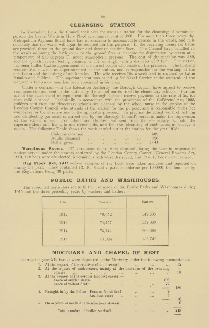 44 CLEANSING STATION In November, 1913, the Council took over for use as a station for the cleansing of verminous persons the Casual War-ids in Mary Place at an annual rent of £80. For more than three years the Metropolitan Asylums Board have had no occasion to accommodate casuals in the wards, and it is not likely that the wards will again be required for this purpose. In the receiving rooms six baths are provided, three on the ground floor and three on the first floor. The Council have installed in the wards adjoining the bath room on the ground floor a machine for disinfection by steam at a temperature of 212 degrees F. under atmospheric pressure. The cost of the machine was £80, and the cylindrical disinfecting chamber is 5 ft. in length with a diameter of 2 feet. The station has been staffed by the appointment of a married couple who reside on the premises. The husband receives 20s. a week as superintendent of the station, and is responsible for the working of the disinfector and the bathing of adult males. The wife receives 15s. a week and is required to bathe females and children. The superintendent was called up for Naval Service at the outbreak of the war, and a temporary man has been appointed in his place. Under a contract with the Education Authority the Borough Council have agreed to receive verminous children sent to the station by the school nurses from the elementary schools. For the use of the station and its equipment the Borough Council receive payment at the rate of 2s. for each child cleansed. Technically in accordance with the provisions of the Childrens' Act, 1908, children sent from the elementary schools are cleansed by the school nurse in the employ of the London County Council, who attends at the station for the purpose, and is responsible under her employers for the effective use of the apparatus provided. In practice the actual work of bathing and disinfecting garments is carried out by the Borough Council's servants under the supervision of the school nurse. For adults and children not sent from the elementary schools the superintendent and his wife are responsible, and for the cleansing of such cases no charge is made. The following Table shows the work carried out at the station for the year 1915:— Children cleansed 502 Adults cleansed 390 Baths given 1,641 Verminous Rooms. —137 verminous rooms were cleansed during the year in response to notices served under the powers conferred by the London County Council (General Powers) Act, 1904, 148 beds were disinfected, 6 verminous beds were destroyed, and 62 dirty beds were cleansed. Rag Flock Act, 1911.—Four samples of rag flock were taken analysed and reported on during the year. They contained 12, 10, 8 and 7 parts of chlorine per 100,000, the limit set by the Regulations being 30 parts. PUBLIC BATHS AND WASHHOUSES The subjoined particulars set forth the use made of the Public Baths and Washhouses during 1915 and the three preceding years by washers and bathers.— Year. Washers. Bathers. 1912 76,052 142,685 1913 157,383 74,757 1914 202,668 75,144 1915 139,707 81,024 MORTUARY AND CHAPEL OF REST During the year 249 bodies were deposited at the Mortuary under the following circumstances:— 1. At the request of the relatives of the deceased 32 2. At the request of undertakers, mainly at the instance of the relieving officers 15 3. At the request of the coroner (inquest cases): — Cases of sudden death 109 Cases of violent death 77 186 4. Brought in by the Police—Persons found dead 9 Accident cases 7 16 5. On account of death due to infectious disease 0 Total number of bodies received 249