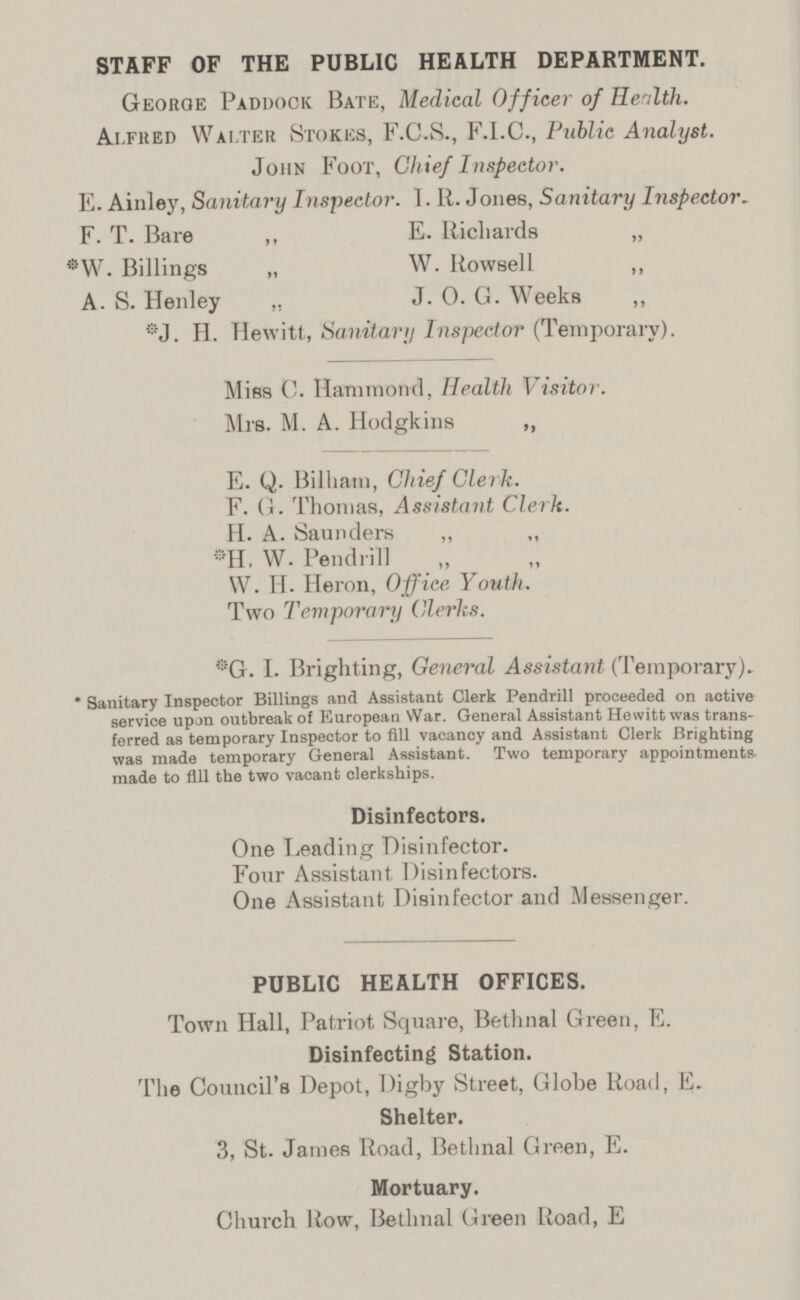 STAFF OF THE PUBLIC HEALTH DEPARTMENT. George Paddock Bate, Medical Officer of Health. Alfred Walter Stokes, F.C.S., F.I.C., Public Analyst. John Foot, Chief Inspector. E. Ainley, Sanitary Inspector. I. R. Jones, Sanitary Inspector. F. T. Bare ,, E. Richards „ *W. Billings „ W. Rowsell ,, A. S. Henley ,, J. O. G. Weeks ,, *J. H. Hewitt, Sanitary Inspector (Temporary). Miss C. Hammond, Health Visitor. Mrs. M. A. Hodgkins „ E. Q. Bilham, Chief Clerk. F. G. Thomas, Assistant Clerk. H. A. Saunders „ „ *H. W. Pendrill „ „ W. H. Heron, Office Youth. Two Temporary Clerks. *G. I. Brighting, General Assistant (Temporary). * Sanitary Inspector Billings and Assistant Clerk Pendrill proceeded on active service upon outbreak of European War. General Assistant Hewitt was trans ferred as temporary Inspector to fill vacancy and Assistant Clerk Brighting was made temporary General Assistant. Two temporary appointments, made to fill the two vacant clerkships. Disinfectors. One Leading Disinfector. Four Assistant Disinfectors. One Assistant Disinfector and Messenger. PUBLIC HEALTH OFFICES. Town Hall, Patriot Square, Bethnal Green, E. Disinfecting Station. The Council's Depot, Digby Street, Globe Road, E. Shelter. 3, St. James Road, Bethnal Green, E. Mortuary. Church Row, Bethnal Green Road, E