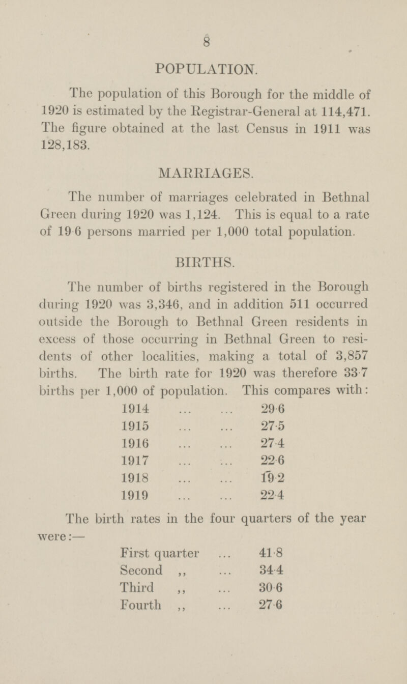 8 POPULATION. The population of this Borough for the middle of 1920 is estimated by the Registrar-General at 114,471. The figure obtained at the last Census in 1911 was 128,183. MARRIAGES. The number of marriages celebrated in Bethnal Green during 1920 was 1,124. This is equal to a rate of 19 6 persons married per 1,000 total population. BIRTHS. The number of births registered in the Borough during 1920 was 3,346, and in addition 511 occurred outside the Borough to Bethnal Green residents in excess of those occurring in Bethnal Green to residents of other localities, making a total of 3,857 births. The birth rate for 1920 was therefore 33.7 births per 1,000 of population. This compares with: 1914 29.6 1915 27.5 1916 27.4 1917 22.6 1918 19.2 1919 22.4 The birth rates in the four quarters of the year were:— First quarter 41.8 Second „ 34.4 Third „ 30.6 Fourth „ 27.6