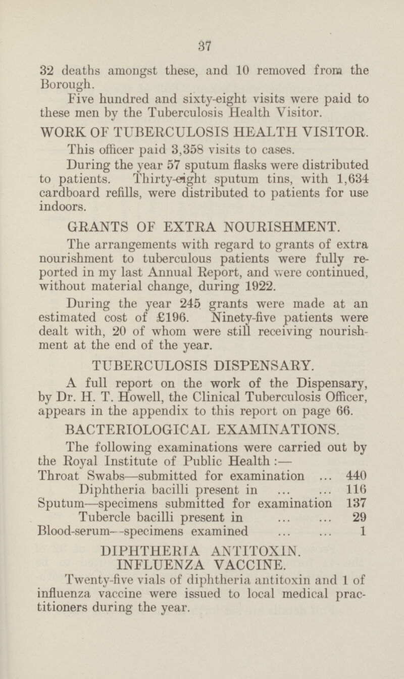 37 32 deaths amongst these, and 10 removed from the Borough. Five hundred and sixty-eight visits were paid to these men by the Tuberculosis Health Visitor. WORK OF TUBERCULOSIS HEALTH VISITOR. This officer paid 3,358 visits to cases. During the year 57 sputum flasks were distributed to patients. Thirty-eight sputum tins, with 1,634 cardboard refills, were distributed to patients for use indoors. GRANTS OF EXTRA NOURISHMENT. The arrangements with regard to grants of extra nourishment to tuberculous patients were fully re ported in my last Annual Report, and were continued, without material change, during 1922. During the year 245 grants were made at an estimated cost of £196. Ninety-five patients were dealt with, 20 of whom were still receiving nourish ment at the end of the year. TUBERCULOSIS DISPENSARY. A full report on the work of the Dispensary, by Dr. H. T. Howell, the Clinical Tuberculosis Officer, appears in the appendix to this report on page 66. BACTERIOLOGICAL EXAMINATIONS. The following examinations were carried out by the Royal Institute of Public Health: — Throat Swabs—submitted for examination 440 Diphtheria bacilli present in 116 Sputum—specimens submitted for examination 137 Tubercle bacilli present in 29 Blood-serum-specimens examined 1 DIPHTHERIA ANTITOXIN. INFLUENZA VACCINE. Twenty-five vials of diphtheria antitoxin and 1 of influenza vaccine were issued to local medical prac titioners during the year.