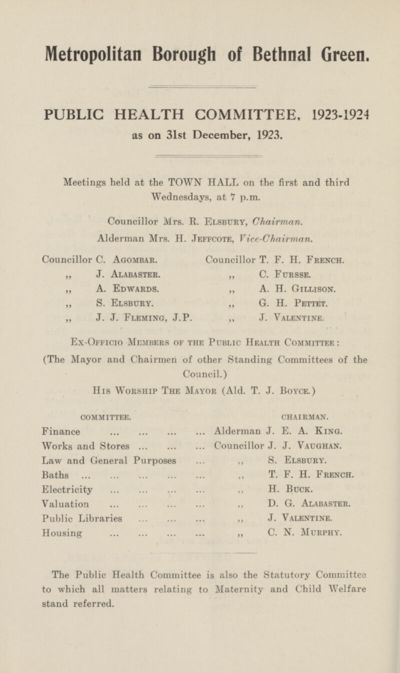 Metropolitan Borough of Bethnal Green. PUBLIC HEALTH COMMITTEE, 1923-1924 as on 31st December, 1923. Meetings held at the TOWN HALL on the first and third Wednesdays, at 7 p.m. Councillor Mrs. R. Elsbury, Chairman. Alderman Mrs. H. Jeffcote, Vice-Chairman. Councillor C. Agombar. Councillor T. F. H. French. „ J. Alabaster. „ C. Fursse. „ A. Edwards. „ A. H. Gillison. „ S. Elsbury. „ G. H. Pettet. „ J. J. Fleming, J. P. „ J. Valentine. Ex-Officio Members of the Public Health Committee: (The Mayor and Chairmen of other Standing Committees of the Council.) His Worship The Mayor (Ald. T. J. Boyce.) COMMITTEE. CHAIRMAN. Finance Alderman J. E. A. King. Works and Stores ... Councillor J. J. Vaughan. Law and General Purposes ... „ S. Elsbury. Baths „ T. F. H. French. Electricity „ H. Buck. Valuation „ D. G. Alabaster. Public Libraries „ J. Valentine. Housing „ C. N. Murphy. The Public Health Committee is also the Statutory Committee to which all matters relating to Maternity and Child Welfare stand referred.