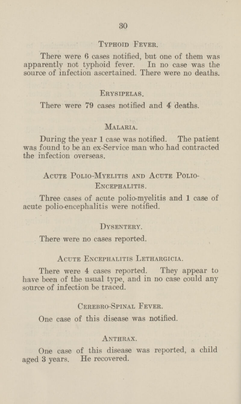 Typhoid Fever. There were 6 cases notified, but one of them was apparently not typhoid fever. In no case was the source of infection ascertained. There were no deaths. Erysipelas. There were 79 cases notified and 4 deaths. Malaria. During the year 1 case was notified. The patient was found to be an ex-Service man who had contracted the infection overseas. Acute Polio-Myelitis and Acute Polio- Encephalitis. Three cases of acute polio-myelitis and 1 case of acute polio-encephalitis were notified. Dysentery. There were no cases reported. Acute Encephalitis Lethargicia. There were 4 cases reported. They appear to have been of the usual type, and in no case could any source of infection be traced. Cerebro-Spinal Fever. One case of this disease was notified. Anthrax. One case of this disease was reported, a child aged 3 years. He recovered.