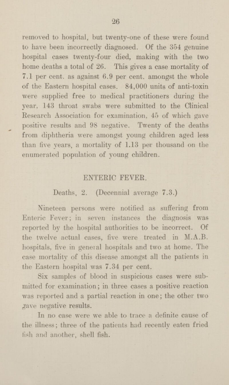 removed to hospital, but twenty-one of these were found to have been incorrectly diagnosed. Of the 354 genuine hospital cases twenty-four died, making with the two home deaths a total of 26. This gives a case mortality of 7.1 per cent, as against 6.9 per cent, amongst the whole of the Eastern hospital cases. 84,000 units of anti-toxin were supplied free to medical practitioners during the year, 143 throat swabs were submitted to the Clinical Research Association for examination, 45 of which gave positive results and 98 negative. Twenty of the deaths from diphtheria were amongst young children aged less than five years, a mortality of 1.13 per thousand on the enumerated population of young children. ENTERIC FEVER. Deaths, 2. (Decennial average 7.3.) Nineteen persons were notified as suffering from Enteric Fever; in seven instances the diagnosis was reported by the hospital authorities to be incorrect. Of the twelve actual cases, five were treated in M.A.B. hospitals, five in general hospitals and two at home. The case mortality of this disease amongst all the patients in the Eastern hospital was 7.34 per cent. Six samples of blood in suspicious cases were sub mitted for examination; in three cases a positive reaction was reported and a partial reaction in one; the other two gave negative results. In no case were we able to trace a definite cause of the illness; three of the patients had recently eaten fried fish and another, shell fish.