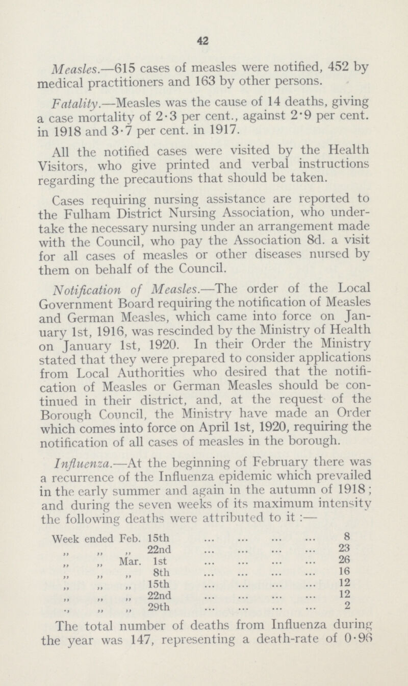 42 Measles.—615 cases of measles were notified, 452 by medical practitioners and 163 by other persons. Fatality.—Measles was the cause of 14 deaths, giving a case mortality of 2.3 per cent., against 2.9 per cent. in 1918 and 3.7 per cent, in 1917. All the notified cases were visited by the Health Visitors, who give printed and verbal instructions regarding the precautions that should be taken. Cases requiring nursing assistance are reported to the Fulham District Nursing Association, who under take the necessary nursing under an arrangement made with the Council, who pay the Association 8d. a visit for all cases of measles or other diseases nursed by them on behalf of the Council. Notification of Measles.—The order of the Local Government Board requiring the notification of Measles and German Measles, which came into force on Jan uary 1st, 1916, was rescinded by the Ministry of Health on January 1st, 1920. In their Order the Ministry stated that they were prepared to consider applications from Local Authorities who desired that the notifi cation of Measles or German Measles should be con tinued in their district, and, at the request of the Borough Council, the Ministry have made an Order which comes into force on April 1st, 1920, requiring the notification of all cases of measles in the borough. Influenza.—At the beginning of February there was a recurrence of the Influenza epidemic which prevailed in the early summer and again in the autumn of 1918; and during the seven weeks of its maximum intensity the following deaths were attributed to it:— Week ended Feb. 15th 8 „ „ „ 22nd 23 „ „ Mar. 1st 26 „ „ „ 8th 16 „ „ „ 15th 12 „ „ „ 22nd 12 „ „ „ 29th 2 The total number of deaths from Influenza during the year was 147, representing a death-rate of 0.96