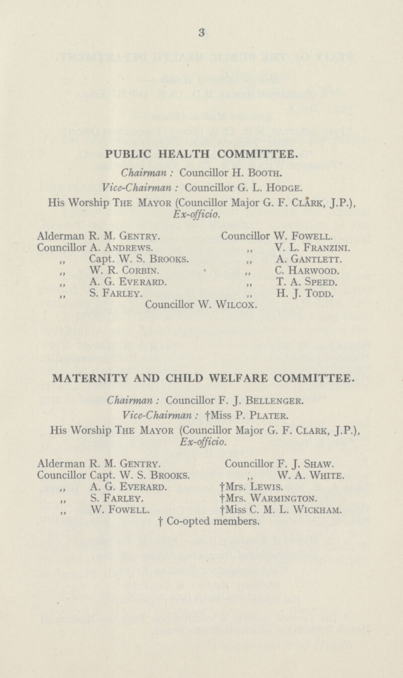 3 PUBLIC HEALTH COMMITTEE. Chairman: Councillor H. Booth.. Vice-Chairman: Councillor G. L. Hodge. His Worship The Mayor (Councillor Major G. F. Clark, J.P.), Ex-officio. Alderman R. M. Gentry. Councillor W. Fowell. Councillor A. Andrews. ,, V. L. Franzini. „ Capt. W. S. Brooks. „ A. Gantlett. ,, W. R. Corbin. ,, C. Harwood. „ A. G. Everard. „ T. A. Speed. ,, S. Farley. „ H. J. Todd. Councillor W. Wilcox. MATERNITY AND CHILD WELFARE COMMITTEE. Chairman : Councillor F. J. Bellenger. Vice-Chairman: †Miss P. Plater. His Worship The Mayor (Councillor Major G. F. Clark, J. P.), Ex-officio. Alderman R. M. Gentry. Councillor F. J. Shaw. Councillor Capt. W. S. Brooks. ,, W. A. White. „ A. G. Everard. †Mrs. Lewis. „ S. Farley. †Mrs. Warmington. „ W. Fowell. †Miss C. M. L. Wickham. † Co-opted members.