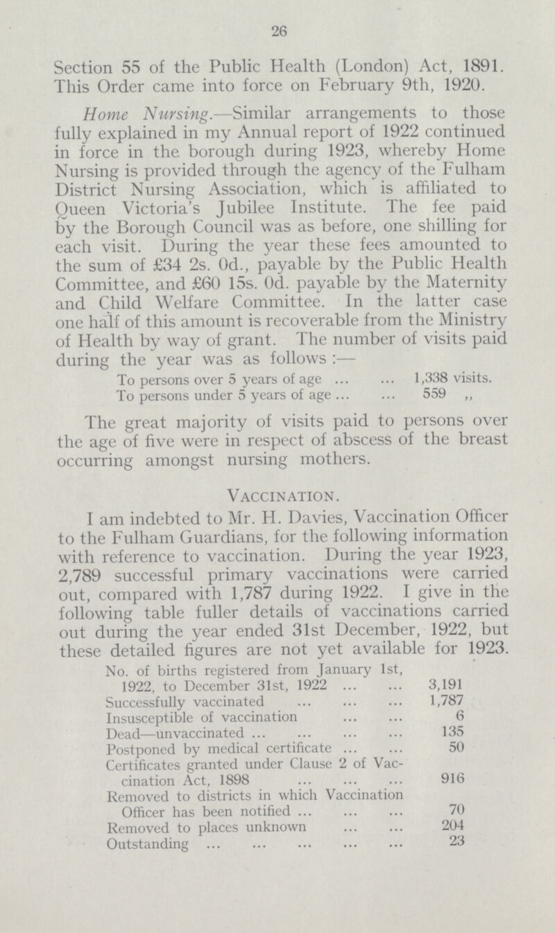 26 Section 55 of the Public Health (London) Act, 1891. This Order came into force on February 9th, 1920. Home Nursing.—Similar arrangements to those fully explained in my Annual report of 1922 continued in force in the borough during 1923, whereby Home Nursing is provided through the agency of the Fulham District Nursing Association, which is affiliated to Queen Victoria's Jubilee Institute. The fee paid by the Borough Council was as before, one shilling for each visit. During the year these fees amounted to the sum of £34 2s. 0d., payable by the Public Health Committee, and £60 15s. Od. payable by the Maternity and Child Welfare Committee. In the latter case one half of this amount is recoverable from the Ministry of Health by way of grant. The number of visits paid during the year was as follows :— To persons over 5 years of age 1,338 visits. To persons under 5 years of age 559 ,, The great majority of visits paid to persons over the age of five were in respect of abscess of the breast occurring amongst nursing mothers. Vaccination. I am indebted to Mr. H. Davies, Vaccination Officer to the Fulham Guardians, for the following information with reference to vaccination. During the year 1923, 2,789 successful primary vaccinations were carried out, compared with 1,787 during 1922. I give in the following table fuller details of vaccinations carried out during the year ended 31st December, 1922, but these detailed figures are not yet available for 1923. No. of births registered from January 1st, 1922, to December 31st, 1922 3,191 Successfully vaccinated 1,787 Insusceptible of vaccination 6 Dead—unvaccinated 135 Postponed by medical certificate 50 Certificates granted under Clause 2 of Vac cination Act, 1898 916 Removed to districts in which Vaccination Officer has been notified 70 Removed to places unknown 204 Outstanding 23