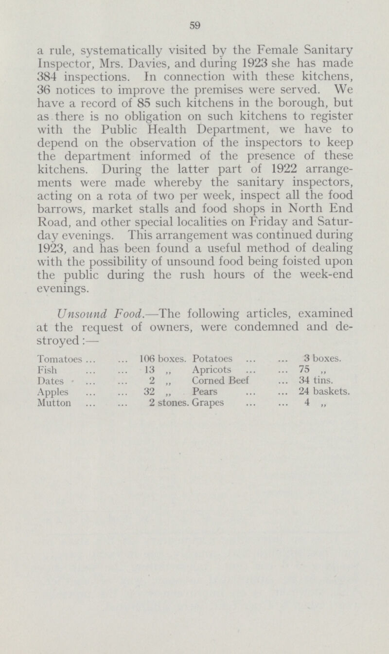 59 a rule, systematically visited by the Female Sanitary Inspector, Mrs. Davies, and during 1923 she has made 384 inspections. In connection with these kitchens, 36 notices to improve the premises were served. We have a record of 85 such kitchens in the borough, but as there is no obligation on such kitchens to register with the Public Health Department, we have to depend on the observation of the inspectors to keep the department informed of the presence of these kitchens. During the latter part of 1922 arrange ments were made whereby the sanitary inspectors, acting on a rota of two per week, inspect all the food barrows, market stalls and food shops in North End Road, and other special localities on Friday and Satur day evenings. This arrangement was continued during 1923, and has been found a useful method of dealing with the possibility of unsound food being foisted upon the public during the rush hours of the week-end evenings. Unsound Food.—The following articles, examined at the request of owners, were condemned and de stroyed :— Tomatoes 106 boxes. Potatoes 3 boxes. Fish 13 ,, Apricots 75 „ Dates 2 „ Corned Beef 34 tins. Apples 32 „ Pears 24 baskets. Mutton 2 stones. Grapes 4 „