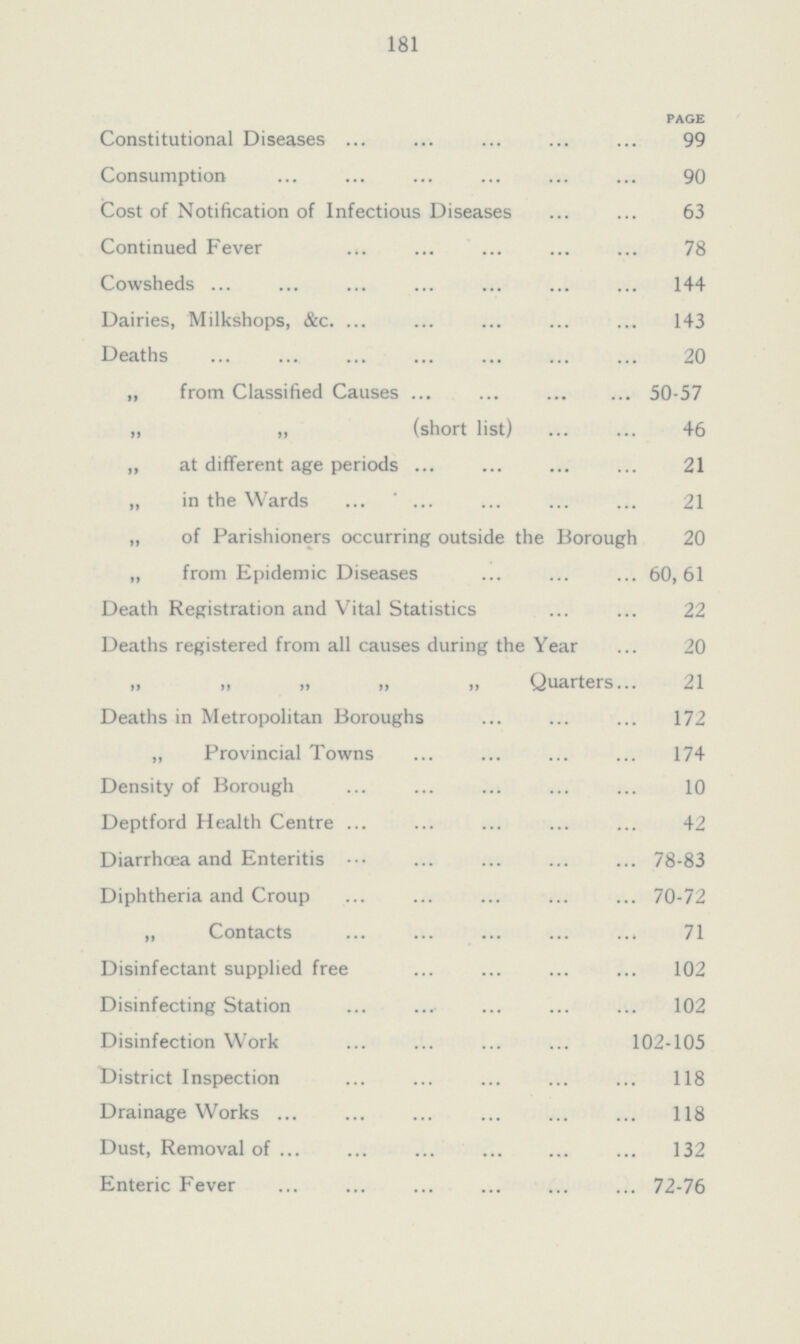 181 PAGE Constitutional Diseases 99 Consumption 90 Cost of Notification of Infectious Diseases 63 Continued Fever 78 Cowsheds 144 Dairies, Milkshops, &c. 143 Deaths 20 „ from Classified Causes 50-57 „ „ (short list) 46 „ at different age periods 21 „ in the Wards 21 „ of Parishioners occurring outside the Borough 20 „ from Epidemic Diseases 60,61 Death Registration and Vital Statistics 22 Deaths registered from all causes during the Year 20 „ „ „ „ „ Quarters 21 Deaths in Metropolitan Boroughs 172 „ Provincial Towns 174 Density of Borough 10 Deptford Health Centre 42 Diarrhoea and Enteritis 78-83 Diphtheria and Croup 70-72 „ Contacts 71 Disinfectant supplied free 102 Disinfecting Station 102 Disinfection Work 102-105 District Inspection 118 Drainage Works 118 Dust, Removal of 132 Enteric Fever 72-76