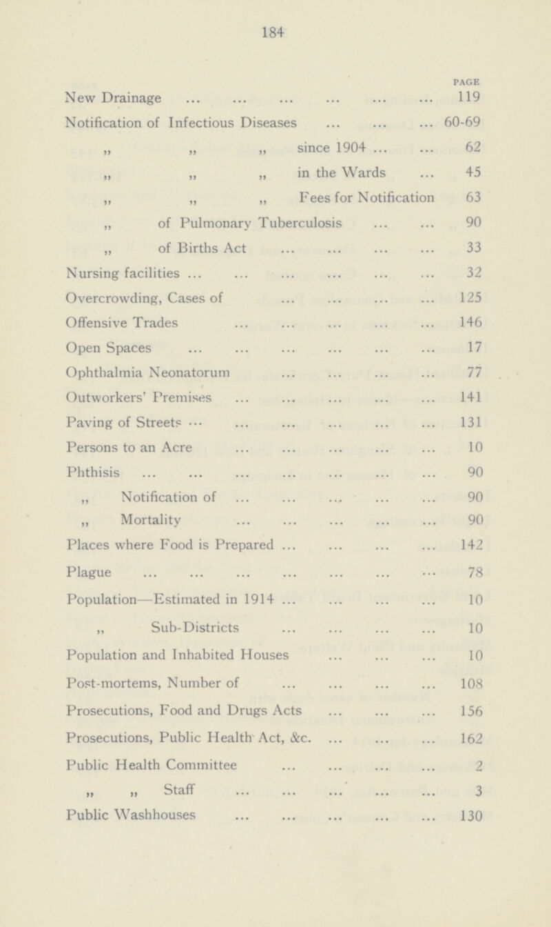184 PAGE New Drainage 119 Notification of Infectious Diseases 60-69 „ „ „ since 1904 62 „ „ „ in the Wards 45 „ „ „ Fees for Notification 63 „ of Pulmonary Tuberculosis 90 „ of Births Act 33 Nursing facilities 32 Overcrowding, Cases of 125 Offensive Trades 146 Open Spaces 17 Ophthalmia Neonatorum 77 Outworkers' Premises 141 Paving of Streets 131 Persons to an Acre 10 Phthisis 90 „ Notification of 90 „ Mortality 90 Places where Food is Prepared 142 Plague 78 Population—Estimated in 1914 10 „ Sub-Districts 10 Population and Inhabited Houses 10 Post-mortems, Number of 108 Prosecutions, Food and Drugs Act 156 Prosecutions, Public Health Act, &c 162 Public Health Committee „ „ Staff 3 Public Washhouses 130