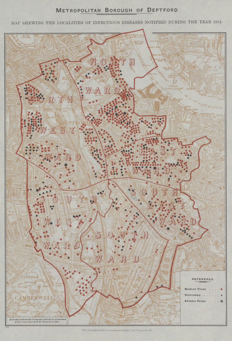 Metropolitan Borough of Deptford MAP SHEWING THE LOCALITIES OF INFECTIOUS DISEASES NOTIFIED DURING THE YEAR 1914.