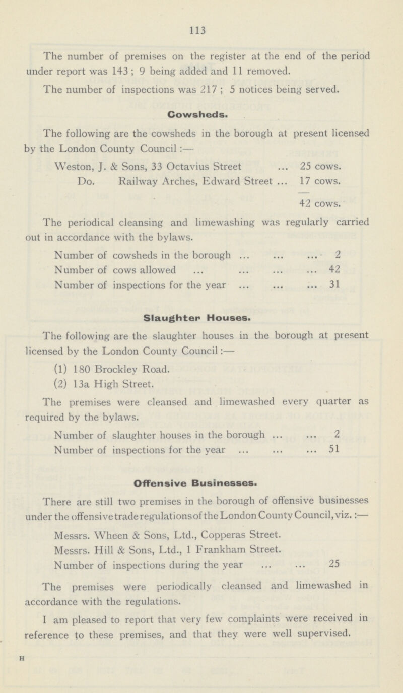 113 The number of premises on the register at the end of the period under report was 143; 9 being added and 11 removed. The number of inspections was 217; 5 notices being served. Cowsheds. The following are the cowsheds in the borough at present licensed by the London County Council:— Weston, J. & Sons, 33 Octavius Street 25 cows. Do. Railway Arches, Edward Street 17 cows. 42 cows. The periodical cleansing and limewashing was regularly carried out in accordance with the bylaws. Number of cowsheds in the borough 2 Number of cows allowed 42 Number of inspections for the year 31 Slaughter Houses. The following are the slaughter houses in the borough at present licensed by the London County Council:— (1) 180 Brockley Road. (2) 13a High Street. The premises were cleansed and limewashed every quarter as required by the bylaws. Number of slaughter houses in the borough 2 Number of inspections for the year 51 Offensive Businesses. There are still two premises in the borough of offensive businesses under the offensive trade regulations of the London County Council, viz.:— Messrs. Wheen & Sons, Ltd., Copperas Street. Messrs. Hill & Sons, Ltd., 1 Frankham Street. Number of inspections during the year 25 The premises were periodically cleansed and limewashed in accordance with the regulations. I am pleased to report that very few complaints were received in reference to these premises, and that they were well supervised.