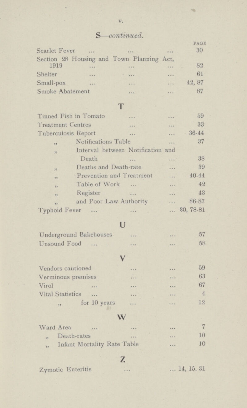 V. S—continued. PAGE Scarlet Fever 30 Section 28 Housing and Town Planning Act, 1919 82 Shelter 61 Small-pox 42, 87 Smoke Abatement 87 T Tinned Fish in Tomato 59 Treatment Centres 33 Tuberculosis Report 36-44 „ Notifications Table 37 „ Interval between Notification and Death 38 „ Deaths and Death-rate 39 ,, Prevention and Treatment 40-44 „ Table of Work 42 „ Register 43 „ and Poor Law Authority 86-87 Typhoid Fever 30, 78-81 U Underground Bakehouses 57 Unsound Food 58 V Vendors cautioned 59 Verminous premises 63 Virol 67 Vital Statistics 4 „ for 10 years 12 W Ward Area 7 „ Death-rates 10 „ Infant Mortality Rate Table 10 z Zymotic Enteritis 14, 15, 31