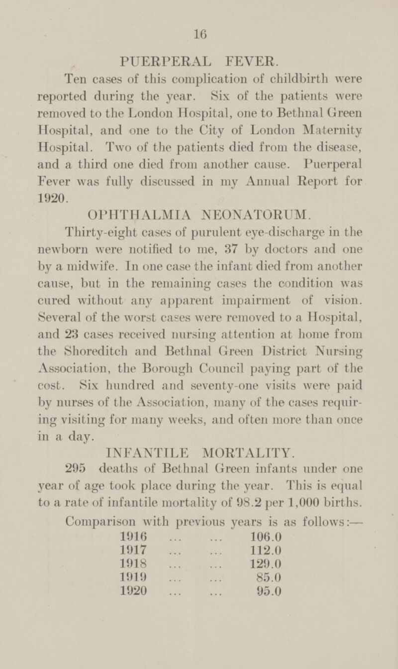 PUERPERAL FEVER. Ten cases of this complication of childbirth were reported during the year. Six of the patients were removed to the London Hospital, one to Bethnal Green Hospital, and one to the City of London Maternity Hospital. Two of the patients died from the disease, and a third one died from another cause. Puerperal Fever was fully discussed in my Annual Report for 1920. OPHTHALMIA NEONATORUM. Thirty-eight cases of purulent eye-discharge in the newborn were notified to me, 37 by doctors and one by a midwife. In one case the infant died from another cause, but in the remaining cases the condition was cured without any apparent impairment of vision. Several of the worst cases were removed to a Hospital, and 23 cases received nursing attention at home from the Shoreditch and Bethnal Green District Nursing Association, the Borough Council paying part of the cost. Six hundred and seventy-one visits were paid by nurses of the Association, many of the cases requir ing visiting for many weeks, and often more than once in a day. INFANTILE MORTALITY. 295 deaths of Bethnal Green infants under one year of age took place during the year. This is equal to a rate of infantile mortality of 98.2 per 1,000 births. Comparison with previous years is as follows:— 1916 106.0 1917 112.0 1918 123.0 1919 85.0 1920 95.0