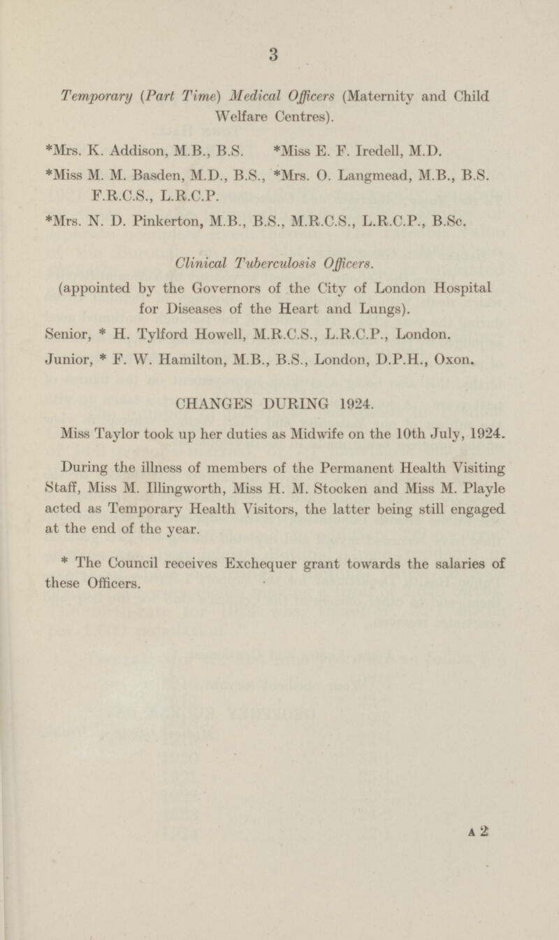 3 Temporary (Part Time) Medical Officers (Maternity and Child Welfare Centres). *Mrs. K. Addison, MB., B.S. *Miss E. F. Iredell, M.D. *Miss M. M. Basden, M.D., B.S., F.R.C.S., L.R.C.P. *Mrs. 0. Langmead, M.8., B.S. *Mrs. N. D. Pinkerton, M.B., B.S., M.R.C.S., L.R.C.P., B.Sc. Clinical Tuberculosis Officers. (appointed by the Governors of the City of London Hospital for Diseases of the Heart and Lungs). Senior, * H. Tylford Howell, M.R.C.S., L.R.C.P., London. Junior, * F. W. Hamilton, M.B., B.S., London, D.P.H., Oxon. CHANGES DURING 1924. Miss Taylor took up her duties as Midwife on the 10th July, 1924. During the illness of members of the Permanent Health Visiting Staff, Miss M. Illingworth, Miss H. M. Stocken and Miss M. Playle acted as Temporary Health Visitors, the latter being still engaged at the end of the year. * The Council receives Exchequer grant towards the salaries of these Officers. A2