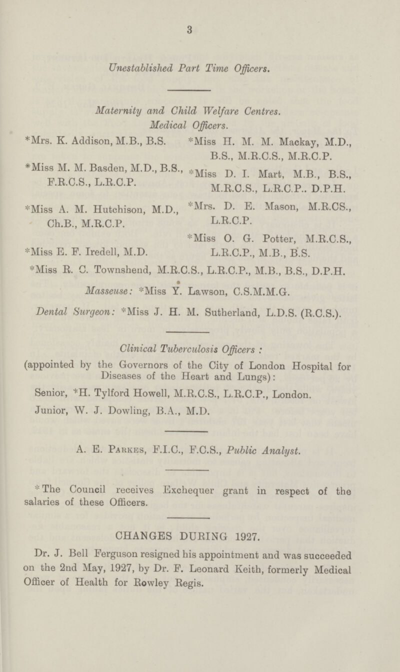 3 Unestablished Part Time Officers. Maternity and Child Welfare Centres. Medical Officers. *Mrs. K. Addison, M.B., B.S. *Miss IT. M. M. Mackay, M.D., B.S., M.E.C.S., M.R.C.P. *Miss M. M. Basden, M.D., B.S., *Miss D.I.Mart) M B., B S ) F.R.C.S., L.R.C.P. M.R.C.S., L.R.C.P.. D.P.H. *Miss A. M. Hutchison, M.D., *Mrs- D.B.Mason, M.R.C.S., Ch.B., M.R.C.P. L.R.C.P. *Miss O. G. Potter, M.R.C.S., *Miss E. F. Iredell, M.D. L.R.C.P., M.B., B.S. *Miss R. C. Townshend, M.R.C.S., L.R.C.P., M.B., B.S., D.P.H. Masseuse: *Miss Y. Lawson, C.S.M.M.G. Dental Surgeon: *Miss J. H. M. Sutherland, L.D.S. (R.C.S.). Clinical Tuberculosis Officers : (appointed by the Governors of the City of London Hospital for Diseases of the Heart and Lungs): Senior, *H. Tylford Howell, M.R.C.S., L.R.C.P., London. Junior, W. J. Dowling, B.A., M.D. A. E. Parkes, E.I.C., F.C.S., Public Analyst. *The Council receives Exchequer grant in respect of the salaries of these Officers. CHANGES DURING 1927. Dr. J. Bell Ferguson resigned his appointment and was succeeded on the 2nd May, 1927, by Dr. F. Leonard Keith, formerly Medical Officer of Health for Rowley Regis.