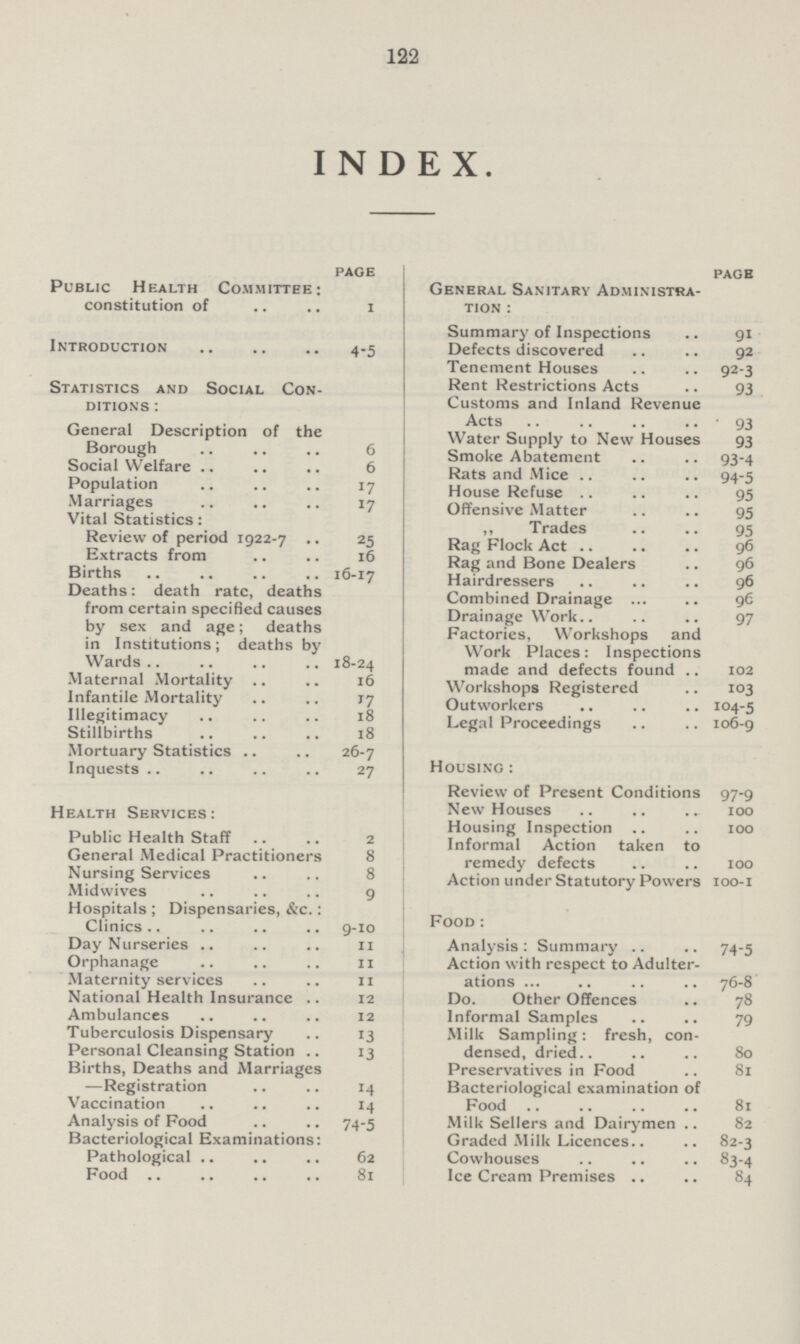 122 INDEX. page Public Health Committee: constitution of 1 Introduction 4-5 Statistics and Social Con ditions: General Description of the Borough 6 Social Welfare 6 Population 17 Marriages 17 Vital Statistics: Review of period 1922-7 25 Extracts from 16 Births 16-17 Deaths: death rate, deaths from certain specified causes by sex and age; deaths in Institutions; deaths by Wards 18-24 Maternal Mortality 16 Infantile Mortality 17 Illegitimacy 18 Stillbirths 18 Mortuary Statistics 26-7 Inquests 27 Health Services: Public Health Staff 2 General Medical Practitioners 8 Nursing Services 8 Midwives 9 Hospitals; Dispensaries, &c.: Clinics 9-10 Day Nurseries 11 Orphanage 11 Maternity services 11 National Health Insurance 12 Ambulances 12 Tuberculosis Dispensary 13 Personal Cleansing Station 13 Births, Deaths and Marriages —Registration 14 Vaccination 14 Analysis of Food 74-5 Bacteriological Examinations: Pathological 62 Food 81 page General Sanitary Administra tion : Summary of Inspections 91 Defects discovered 92 Tenement Houses 92-3 Rent Restrictions Acts 93 Customs and Inland Revenue Acts 93 Water Supply to New Houses 93 Smoke Abatement 93-4 Rats and Mice 94-5 House Refuse 95 Offensive Matter 95 ,, Trades 95 Rag Flock Act 96 Rag and Bone Dealers 96 Hairdressers 96 Combined Drainage 96 Drainage Work 97 Factories, Workshops and Work Places: Inspections made and defects found 102 Workshops Registered 103 Outworkers 104-5 Legal Proceedings 106-9 Housing: Review of Present Conditions 97-9 New Houses 100 Housing Inspection 100 Informal Action taken to remedy defects 100 Action under Statutory Powers 100-1 Food: Analysis : Summary 74-5 Action with respect to Adulter ations 76-8 Do. Other Offences 78 Informal Samples 79 Milk Sampling: fresh, con densed, dried 80 Preservatives in Food 81 Bacteriological examination of Food 81 Milk Sellers and Dairymen 82 Graded Milk Licences 82-3 Cowhouses 83-4 Ice Cream Premises 84