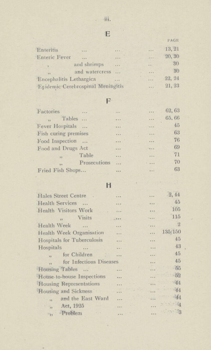 iii. E PAGE Enteritis 13,21 Enteric Fever 20,30 , and shrimps 30 ,, and watercress 30 Encephalitis Lethargica 22, 24 Epidemic Cerebrospinal Meningitis 21,23 F Factories • 62,63 „ Tables 65,66 Fever Hospitals 45 Fish curing premises 63 Food Inspection 76 Food and Drugs Act 69 „ Table 71 ,, Prosecutions 70 Fried Fish Shops 63 H Hales Street Centre 2,44 Health Services 45 Health Visitors Work 105 „ Visits Health Week 2 Health Week Organisation 135/150 Hospitals for Tuberculosis 45 Hospitals 43 „ for Children 45 „ for Infectious Diseases 45 Housiiig Tables 55 House-to-house Inspections 52 Housing Representations 44 Housing and Sickness 44 „ and the East Ward 44 „ Act, 1925 4 ,, Problem 3