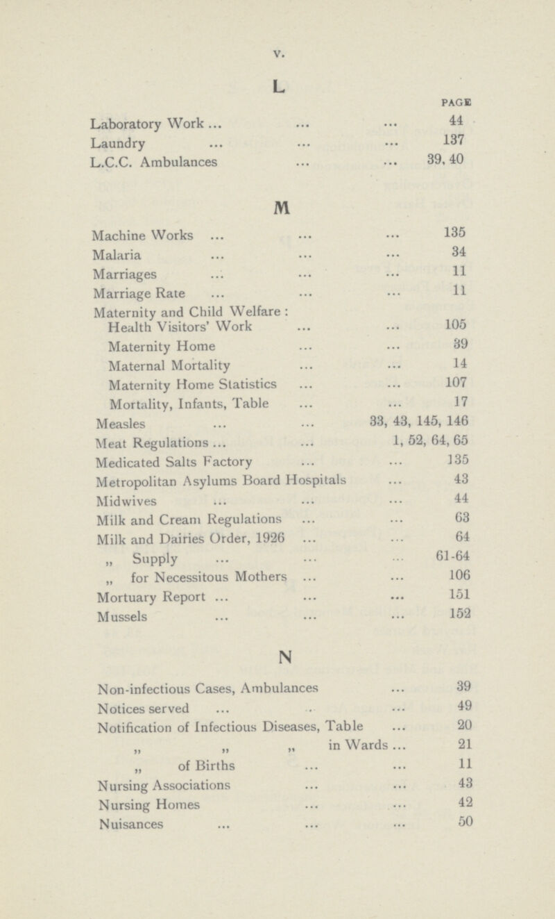 V. L PAGE Laboratory Work 44 Laundry 137 L.C.C. Ambulances . 39,40 M Machine Works 135 Malaria 34 Marriages 11 Marriage Rate 11 Maternity and Child Welfare: Health Visitors' Work 105 Maternity Home 39 Maternal Mortality 14 Maternity Home Statistics 107 Mortality, Infants, Table 17 Measles 33.43.145.146 1, 52, 64, 65 Medicated Salts Factory 135 Metropolitan Asylums Board Hospitals 43 Midwives 44 Milk and Cream Regulations 63 Milk and Dairies Order, 1926 64 „ Supply 61-64 „ for Necessitous Mothers 106 Mortuary Report 151 Mussels 152 N Non-infectious Cases, Ambulances 39 Notices served 49 Notification of Infectious Diseases, Table 20 „ „ „ in Wards 21 „ of Births 11 Nursing Associations 43 Nursing Homes 42 Nuisances 50