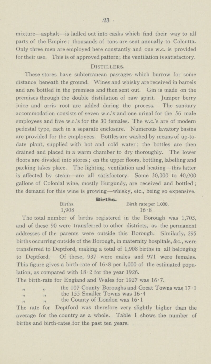 23 mixture—asphalt—is ladled out into casks which find their way to all parts of the Empire; thousands of tons are sent annually to Calcutta. Only three men are employed here constantly and one w.c. is provided for their use. This is of approved pattern; the ventilation is satisfactory. Distillers. These stores have subterranean passages which burrow for some distance beneath the ground. Wines and whisky are received in barrels and are bottled in the premises and then sent out. Gin is made on the premises through the double distillation of raw spirit. Juniper berry juice and orris root are added during the process. The sanitary accommodation consists of seven w.c.'s and one urinal for the 56 male employees and five w.c.'s for the 30 females. The w.c.'s are of modern pedestal type, each in a separate enclosure. Numerous lavatory basins are provided for the employees. Bottles are washed by means of up-to date plant, supplied with hot and cold water; the bottles are then drained and placed in a warm chamber to dry thoroughly. The lower floors are divided into stores; on the upper floors, bottling, labelling and packing takes place. The lighting, ventilation and heating—this latter is affected by steam—are all satisfactory. Some 30,000 to 40,000 gallons of Colonial wine, mostly Burgundy, are received and bottled; the demand for this wine is growing—whisky, etc., being so expensive. Births. Births. Birth rate per 1,000. 1,908 16.8 The total number of births registered in the Borough was 1,703, and of these 90 were transferred to other districts, as the permanent addresses of the parents were outside this Borough. Similarly, 295 births occurring outside of the Borough, in maternity hospitals, &c., were transferred to Deptford, making a total of 1,908 births in all belonging to Deptford. Of these, 937 were males and 971 were females. This figure gives a birth-rate of 16.8 per 1,000 of the estimated popu lation, as compared with 18.2 for the year 1926. The birth-rate for England and Wales for 1927 was 16.7. „ „ the 107 County Boroughs and Great Towns was 17.1 „ „ the 155 Smaller Towns was 16.4 „ „ the County of London was 16.1 The rate for Deptford was therefore very slightly higher than the average for the country as a whole. Table I shows the number of births and birth-rates for the past ten years.