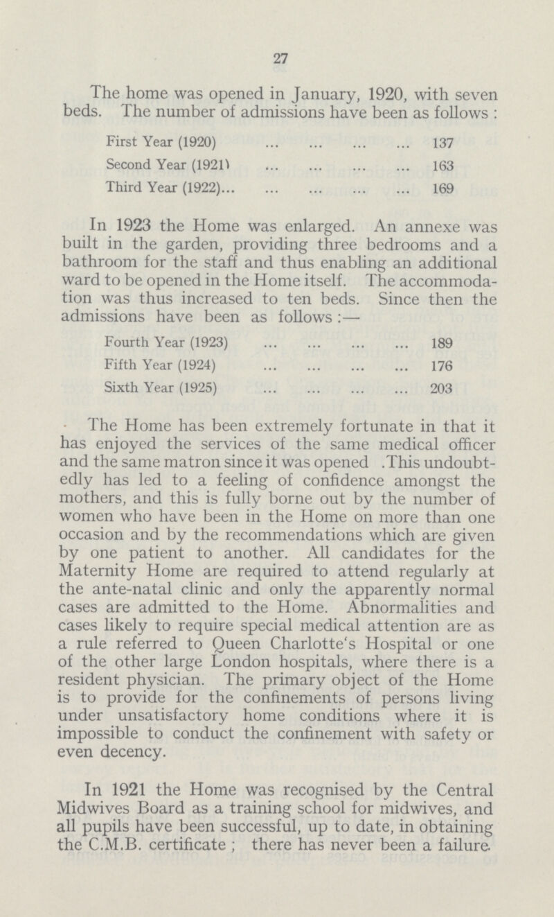 27 The home was opened in January, 1920, with seven beds. The number of admissions have been as follows : First Year (1920) 137 Second Year (1920) 163 Third Year (1922) 169 In 1923 the Home was enlarged. An annexe was built in the garden, providing three bedrooms and a bathroom for the staff and thus enabling an additional ward to be opened in the Home itself. The accommoda tion was thus increased to ten beds. Since then the admissions have been as follows :— Fourth Year (1923) 189 Fifth Year (1924) 176 Sixth Year (1925) 203 The Home has been extremely fortunate in that it has enjoyed the services of the same medical officer and the same matron since it was opened .This undoubt edly has led to a feeling of confidence amongst the mothers, and this is fully borne out by the number of women who have been in the Home on more than one occasion and by the recommendations which are given by one patient to another. All candidates for the Maternity Home are required to attend regularly at the ante-natal clinic and only the apparently normal cases are admitted to the Home. Abnormalities and cases likely to require special medical attention are as a rule referred to Queen Charlotte's Hospital or one of the other large London hospitals, where there is a resident physician. The primary object of the Home is to provide for the confinements of persons living under unsatisfactory home conditions where it is impossible to conduct the confinement with safety or even decency. In 1921 the Home was recognised by the Central Midwives Board as a training school for midwives, and all pupils have been successful, up to date, in obtaining the C.M.B. certificate ; there has never been a failure.