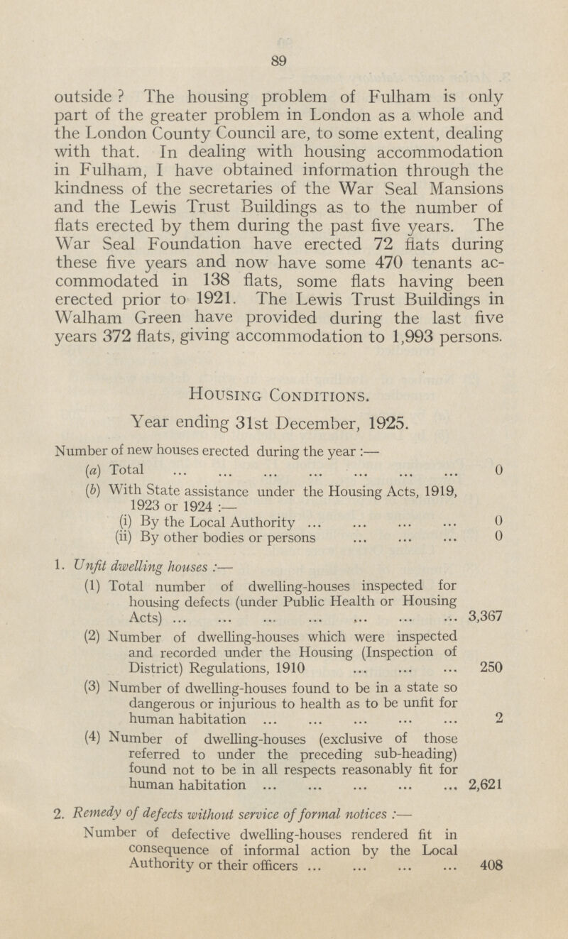 89 outside ? The housing problem of Fulham is only part of the greater problem in London as a whole and the London County Council are, to some extent, dealing with that. In dealing with housing accommodation in Fulham, I have obtained information through the kindness of the secretaries of the War Seal Mansions and the Lewis Trust Buildings as to the number of flats erected by them during the past five years. The War Seal Foundation have erected 72 flats during these five years and now have some 470 tenants ac commodated in 138 flats, some flats having been erected prior to 1921. The Lewis Trust Buildings in Walham Green have provided during the last five years 372 flats, giving accommodation to 1,993 persons. Housing Conditions. Year ending 31st December, 1925. Number of new houses erected during the year :— (a) Total 0 (b) With State assistance under the Housing Acts, 1919, 1923 or 1924 (i) By the Local Authority 0 (ii) By other bodies or persons 0 1. Unfit dwelling houses :— (1) Total number of dwelling-houses inspected for housing defects (under Public Health or Housing Acts) 3,367 (2) Number of dwelling-houses which were inspected and recorded under the Housing (Inspection of District) Regulations, 1910 250 (3) Number of dwelling-houses found to be in a state so dangerous or injurious to health as to be unfit for human habitation 2 (4) Number of dwelling-houses (exclusive of those referred to under the preceding sub-heading) found not to be in all respects reasonably fit for human habitation 2,621 2. Remedy of defects without service of formal notices :— Number of defective dwelling-houses rendered fit in consequence of informal action by the Local Authority or their officers 408