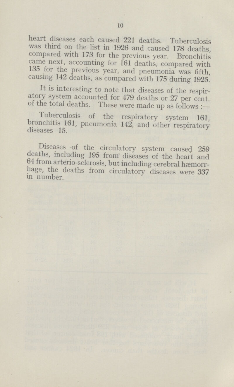 10 heart diseases each caused 221 deaths. Tuberculosis was third on the list in 1926 and caused 178 deaths, compared with 173 for the previous year. Bronchitis came next, accounting for 161 deaths, compared with 135 for the previous year, and pneumonia was fifth, causing 142 deaths, as compared with 175 during 1925. It is interesting to note that diseases of the respir atory system accounted for 479 deaths or 27 per cent. of the total deaths. These were made up as follows:— Tuberculosis of the respiratory system 161, bronchitis 161, pneumonia 142, and other respiratory diseases 15. Diseases of the circulatory system caused 259 deaths, including 195 from diseases of the heart and 64 from arterio-sclerosis, but including cerebral hæmorr hage, the deaths from circulatory diseases were 337 in number.