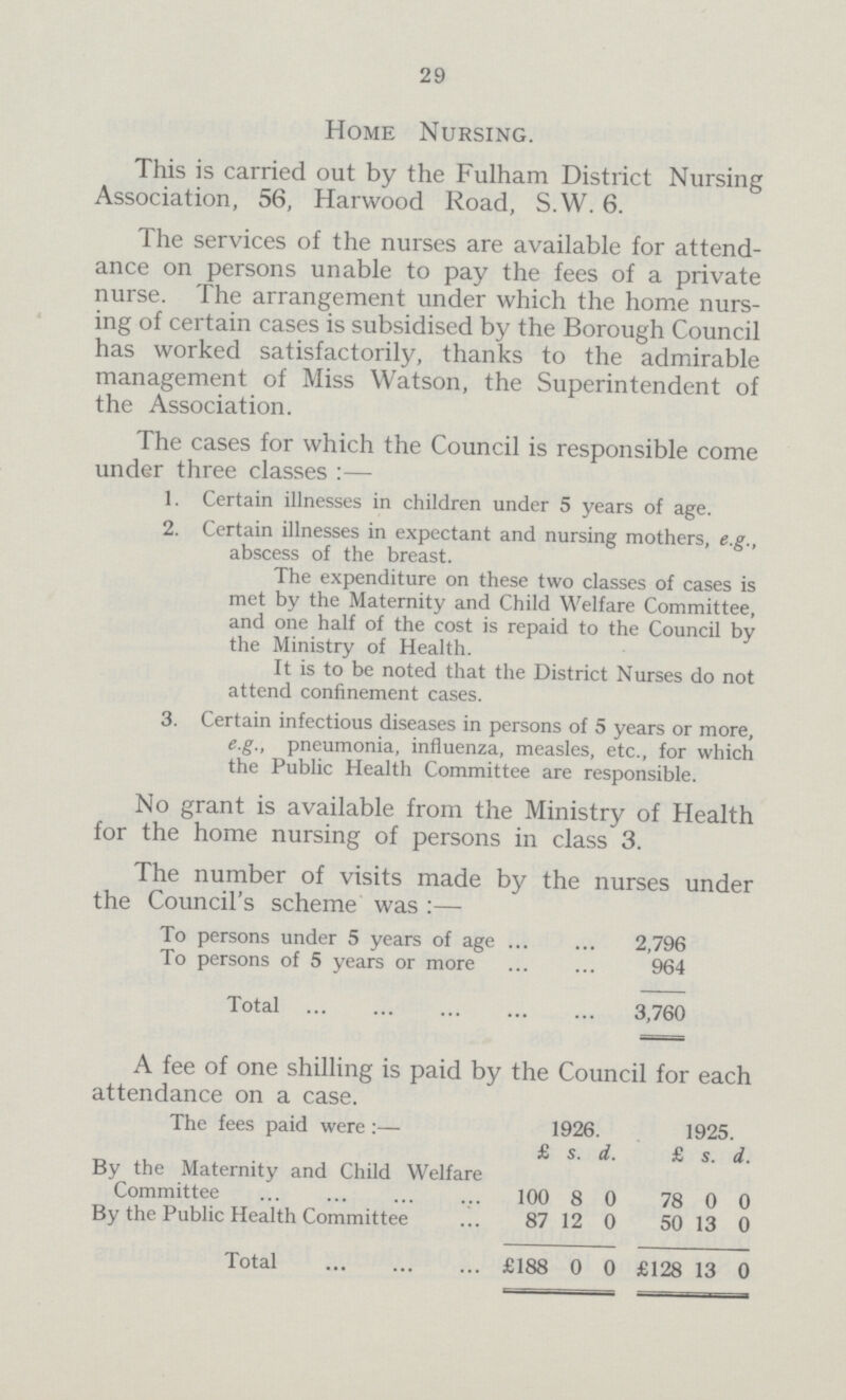 29 Home Nursing. This is carried out by the Fulham District Nursing Association, 56, Harwood Road, S.W. 6. The services of the nurses are available for attend ance on persons unable to pay the fees of a private nurse. The arrangement under which the home nurs ing of certain cases is subsidised by the Borough Council has worked satisfactorily, thanks to the admirable management of Miss Watson, the Superintendent of the Association. The cases for which the Council is responsible come under three classes :— 1. Certain illnesses in children under 5 years of age. 2. Certain illnesses in expectant and nursing mothers, e.g., abscess of the breast. The expenditure on these two classes of cases is met by the Maternity and Child Welfare Committee, and one half of the cost is repaid to the Council by the Ministry of Health. It is to be noted that the District Nurses do not attend confinement cases. 3. Certain infectious diseases in persons of 5 years or more, e.g., pneumonia, influenza, measles, etc., for which the Public Health Committee are responsible. No grant is available from the Ministry of Health for the home nursing of persons in class 3. The number of visits made by the nurses under the Council's scheme was :— To persons under 5 years of age 2,796 To persons of 5 years or more 964 Total 3,760 A fee of one shilling is paid by the Council for each attendance on a case. The fees paid were:— 1926. 1925 £ s. d. £ s. d. By the Maternity and Child Welfare Committee 100 8 0 78 0 0 By the Public Health Committee 87 12 0 50 13 0 Total £188 0 0 £128 13 0
