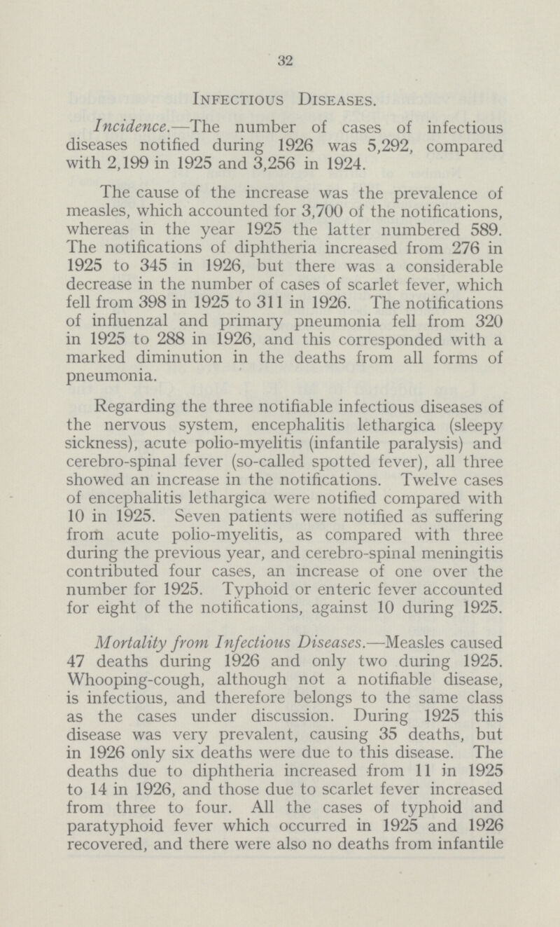 32 Infectious Diseases. Incidence.—The number of cases of infectious diseases notified during 1926 was 5,292, compared with 2,199 in 1925 and 3,256 in 1924. The cause of the increase was the prevalence of measles, which accounted for 3,700 of the notifications, whereas in the year 1925 the latter numbered 589. The notifications of diphtheria increased from 276 in 1925 to 345 in 1926, but there was a considerable decrease in the number of cases of scarlet fever, which fell from 398 in 1925 to 311 in 1926. The notifications of influenzal and primary pneumonia fell from 320 in 1925 to 288 in 1926, and this corresponded with a marked diminution in the deaths from all forms of pneumonia. Regarding the three notifiable infectious diseases of the nervous system, encephalitis lethargica (sleepy sickness), acute polio-myelitis (infantile paralysis) and cerebro-spinal fever (so-called spotted fever), all three showed an increase in the notifications. Twelve cases of encephalitis lethargica were notified compared with 10 in 1925. Seven patients were notified as suffering from acute polio-myelitis, as compared with three during the previous year, and cerebro-spinal meningitis contributed four cases, an increase of one over the number for 1925. Typhoid or enteric fever accounted for eight of the notifications, against 10 during 1925. Mortality from Infectious Diseases.—Measles caused 47 deaths during 1926 and only two during 1925. Whooping-cough, although not a notifiable disease, is infectious, and therefore belongs to the same class as the cases under discussion. During 1925 this disease was very prevalent, causing 35 deaths, but in 1926 only six deaths were due to this disease. The deaths due to diphtheria increased from 11 in 1925 to 14 in 1926, and those due to scarlet fever increased from three to four. All the cases of typhoid and paratyphoid fever which occurred in 1925 and 1926 recovered, and there were also no deaths from infantile