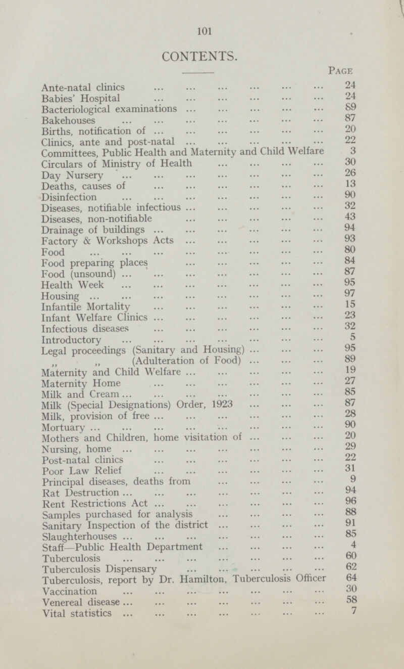 101 CONTENTS. Page Ante-natal clinics 24 Babies' Hospital 24 Bacteriological examinations 89 Bakehouses 87 Births, notification of 20 Clinics, ante and post-natal 22 Committees, Public Health and Maternity and Child Welfare 3 Circulars of Ministry of Health 30 Day Nursery 26 Deaths, causes of 13 Disinfection 90 Diseases, notifiable infectious 32 Diseases, non-notifiable 43 Drainage of buildings 94 Factory & Workshops Acts 93 Food 80 Food preparing places 84 Food (unsound) 87 Health Week 95 Housing 97 Infantile Mortality 15 Infant Welfare Clinics 23 Infectious diseases 32 Introductory 5 Legal proceedings (Sanitary and Housing) 95 „ „ (Adulteration of Food) 89 Maternity and Child Welfare 19 Maternity Home 27 Milk and Cream 85 Milk (Special Designations) Order, 1923 87 Milk, provision of free 28 Mortuary 90 Mothers and Children, home visitation of 20 Nursing, home 29 Post-natal clinics 22 Poor Law Relief 31 Principal diseases, deaths from 9 Rat Destruction 94 Rent Restrictions Act 96 Samples purchased for analysis 88 Sanitary Inspection of the district 91 Slaughterhouses 85 Staff—Public Health Department 4 Tuberculosis 60 Tuberculosis Dispensary 62 Tuberculosis, report by Dr. Hamilton, Tuberculosis Officer 64 Vaccination 30 Venereal disease 58 Vital statistics 7