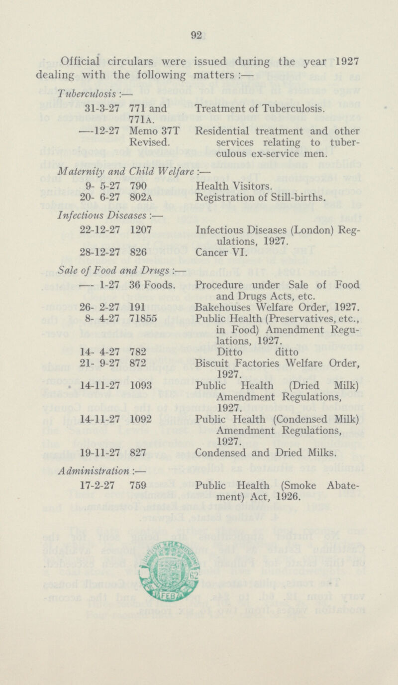 92 Official circulars were issued during the year 1927 dealing with the following matters:— Tuberculosis :— 31-3-27 771 and Treatment of Tuberculosis. 771A. —12-27 Memo 37T Residential treatment and other Revised. services relating to tuber¬ culous ex-service men. Maternity and Child Welfare:— 9- 5-27 790 Health Visitors. 20- 6-27 802A Registration of Still-births. Infectious Diseases:— 22-12-27 1207 Infectious Diseases (London) Reg¬ ulations, 1927. 28-12-27 826 Cancer VI. Sale of Food and Drugs:— — 1-27 36 Foods. Procedure under Sale of Food and Drugs Acts, etc. 26- 2-27 191 Bakehouses Welfare Order, 1927. 8- 4-27 71855 Public Health (Preservatives, etc., in Food) Amendment Regu lations, 1927. 14- 4-27 782 Ditto ditto 21- 9-27 872 Biscuit Factories Welfare Order, 1927. 14-11-27 1093 Public Health (Dried Milk) Amendment Regulations, 1927. 14-11-27 1092 Public Health (Condensed Milk) Amendment Regulations, 1927. 19-11-27 827 Condensed and Dried Milks. Administration:— 17-2-27 759 Public Health (Smoke Abate¬ ment) Act, 1926.