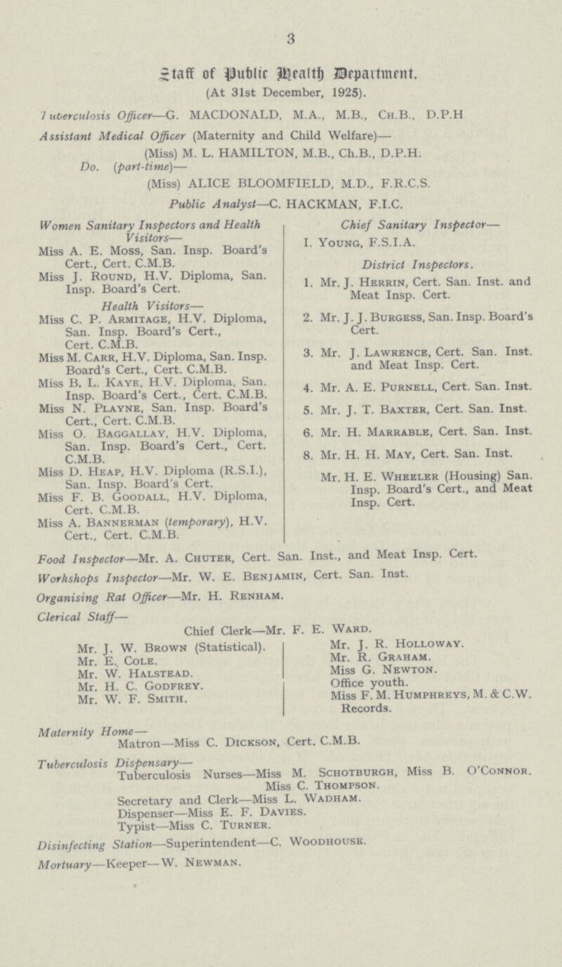 3 Staff of public Health Department. (At 31st December, 1925). I ubercutosis Officer—g. MACDONALD, M.A., M.B., Ch.B., D.P.H Assistant Medical Officer (Maternity and Child Welfare)— (Miss) M. L. HAMILTON, M.B., Ch.B., D.P.H. Do. (part-time)— (Miss) ALICE BLOOMFIELD, M.D., F.R.C.S. Public Analyst—C. HACKMAN, F.I.C. Women Sanitary Inspectors and Health Visitors— Miss A. E. Moss, San. Insp. Board's Cert., Cert. C.M.B. Miss J. Round, H.V. Diploma, San. Insp. Board's Cert. Health Visitors— Miss C. P. Armitage, H.V. Diploma, San. Insp. Board's Cert., Cert. C.M.B. Miss M. Carr, H.V. Diploma, San. Insp. Board's Cert., Cert. C.M.B. Miss B. L. Kaye, H.V. Diploma, San. Insp. Board's Cert., Cert. C.M.B. Miss N. Playne, San. Insp. Board's Cert., Cert. C.M.B. Miss O. Baggallay, H.V. Diploma, San. Insp. Board's Cert., Cert. C.M.B. Miss D. Heap, H.V. Diploma (R.S.I.), San. Insp. Board's Cert. Miss F. B. Goodall, H.V. Diploma, Cert. C.M.B. Miss A. Bannerman (temporary), H.V. Cert., Cert. C.M.B. Chief Sanitary Inspector— I. Young, F.S.I.A. District Inspectors. 1. Mr. J. Herrin, Cert. San. Inst, and Meat Insp. Cert. 2. Mr. J. J. Burgess, San. Insp. Board's Cert. 3. Mr. J. Lawrence, Cert. San. Inst. and Meat Insp. Cert. 4. Mr. A. E. Purnell, Cert. San. Inst. 5. Mr. J. T. Baxter, Cert. San. Inst. 6. Mr. H. Marrable, Cert. San. Inst. 8. Mr. H. H. May, Cert. San. Inst. Mr. H. E. Wheeler (Housing) San. Insp. Board's Cert., and Meat Insp. Cert. Food Inspector—Mi. A. Chuter, Cert. San. Inst., and Meat Insp. Cert. Workshops Inspector—Mr. W. E. Benjamin, Cert. San. Inst. Organising Rat Officer—Mr. H. Renham. Clerical Staff— Chief Clerk—Mr. F. E. Ward. Mr. J. W. Brown (Statistical). Mr. E.. Cole. Mr. W. Halstead. Mr. H. C. Godfrey. Mr. W. F. Smith. Mr. J. R. Holloway. Mr. R. Graham. Miss G. Newton. Office youth. Miss F. M. Humphreys, M. & C.W. Records. Maternity Home— Matron—Miss C. Dickson, Cert. C.M.B. Tuberculosis Dispensary— Tuberculosis Nurses—Miss M. Schotburgh, Miss B. O'Connor. Miss C. Thompson. Secretary and Clerk—Miss L. Wadham. Dispenser—Miss E. F. Davies. Typist—Miss C. Turner. Disinfecting Station—Superintendent—C. Woodhouse. Mortuary—Keeper—W. Newman.