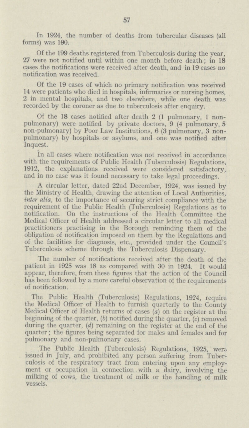 57 In 1924, the number of deaths from tubercular diseases (all forms) was 190. Of the 199 deaths registered from Tuberculosis during the year, 27 were not notified until within one month before death; in 18 cases the notifications were received after death, and in 19 cases no notification was received. Of the 19 cases of which no primary notification was received 14 were patients who died in hospitals, infirmaries or nursing homes, 2 in mental hospitals, and two elsewhere, while one death was recorded by the coroner as due to tuberculosis after enquiry. Of the 18 cases notified after death 2 (1 pulmonary, 1 non pulmonary) were notified by private doctors, 9 (4 pulmonary, 5 non-pulmonary) by Poor Law Institutions, 6 (3 pulmonary, 3 non pulmonary) by hospitals or asylums, and one was notified after Inquest. In all cases where notification was not received in accordance with the requirements of Public Health (Tuberculosis) Regulations, 1912, the explanations received were considered satisfactory, and in no case was it found necessary to take legal proceedings. A circular letter, dated 22nd December, 1924, was issued by the Ministry of Health, drawing the attention of Local Authorities, inter alia, to the importance of securing strict compliance with the requirement of the Public Health (Tuberculosis) Regulations as to notification. On the instructions of the Health Committee the Medical Officer of Health addressed a circular letter to all medical practitioners practising in the Borough reminding them of the obligation of notification imposed on them by the Regulations and of the facilities for diagnosis, etc., provided under the Council's Tuberculosis scheme through the Tuberculosis Dispensary. The number of notifications received after the death of the patient in 1925 was 18 as compared with 30 in 1924. It would appear, therefore, from these figures that the action of the Council has been followed by a more careful observation of the requirements of notification. The Public Health (Tuberculosis) Regulations, 1924, require the Medical Officer of Health to furnish quarterly to the County Medical Officer of Health returns of cases (a) on the register at the beginning of the quarter, (b) notified during the quarter, (c) removed during the quarter, (d) remaining on the register at the end of the quarter; the figures being separated for males and females and for pulmonary and non-pulmonary cases. The Public Health (Tuberculosis) Regulations, 1925, wen. issued in July, and prohibited any person suffering from Tuber culosis of the respiratory tract from entering upon any employ ment or occupation in connection with a dairy, involving the milking of cows, the treatment of milk or the handling of milk vessels.