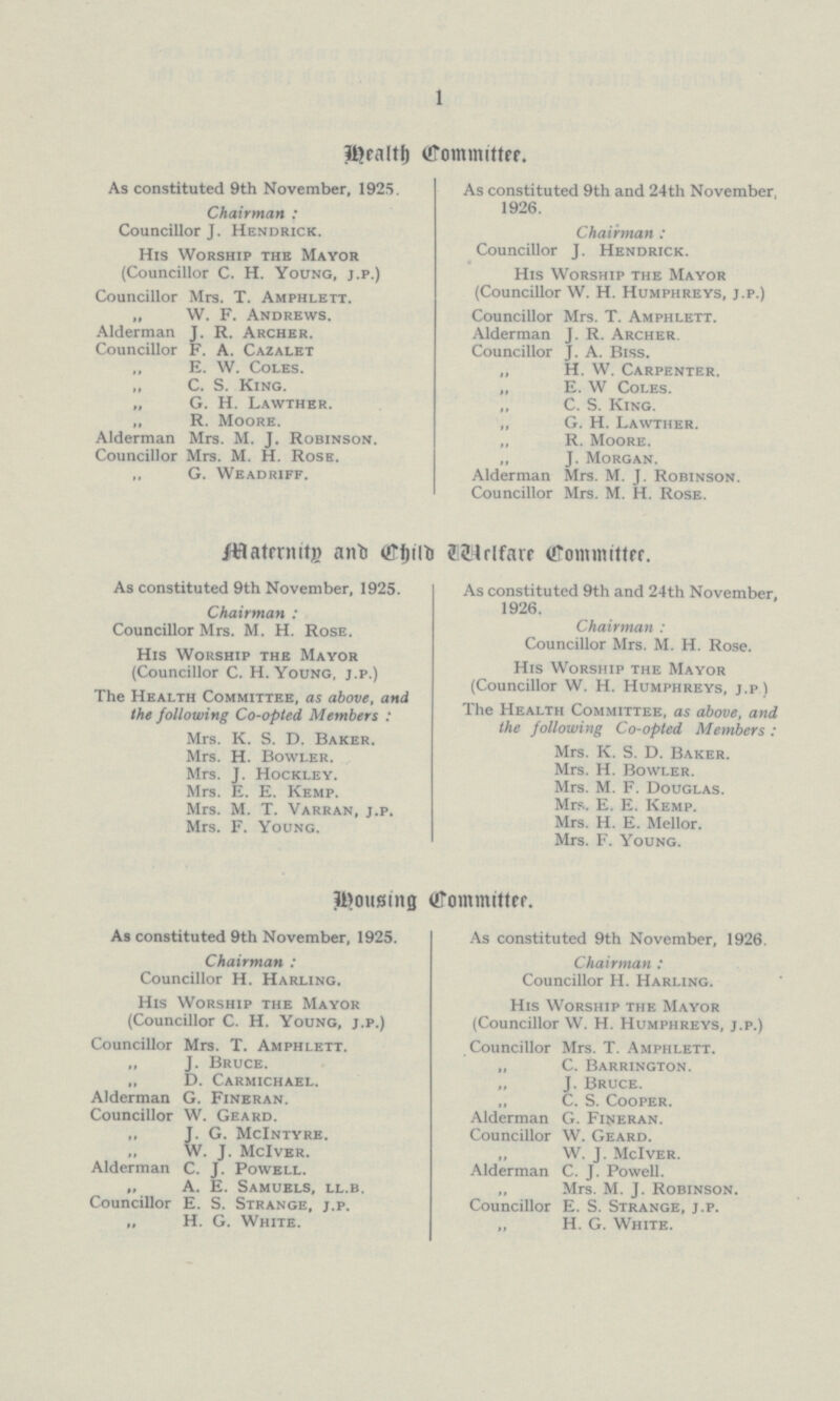 1 Health Committee. As constituted 9th November, 1925. Chairman: Councillor J. Hendrick. His Worship the Mayor (Councillor C. H. Young, j.p.) Councillor Mrs. X. Amphlett. „ W. F. Andrews. Alderman J. R. Archer. Councillor F. A. Cazalet „ E. W. Coles. „ C. S. King. „ G. H. Lawther. „ R. Moore. Alderman Mrs. M. J. Robinson. Councillor Mrs. M. H. Rose. G. Weadriff. As constituted 9th and 24th November, 1926. Chairman: Councillor J. Hendrick. His Worship the Mayor (Councillor W. H. Humphreys, j.p.) Councillor Mrs. T. Amphlett. Alderman J. R. Archer. Councillor J. A. Biss. „ H. W. Carpenter. „ E. W Coles. C. S. King. „ G. H. Lawther. „ R. Moore. ,, J. Morgan. Alderman Mrs. M. J. Robinson. Councillor Mrs. M. H. Rose. Maternity and Child Welfare Committee. As constituted 9th November, 1925. Chairman: Councillor Mrs. M. H. Rose. His Worship the Mayor (Councillor C. H.Young, j.p.) The Health Committee, as above, and the following Co-opted Members: Mrs. K. S. D. Baker. Mrs. H. Bowler. Mrs. J. Hockley. Mrs. E. E. Kemp. Mrs. M. T. Varran, j.p. Mrs. F. Young. As constituted 9th and 24th November, 1926. Chairman: Councillor Mrs. M. H. Rose. His Worship the Mayor (Councillor W. H. Humphreys, j.p) The Health Committee, as above, and the following Co-opted Members: Mrs. K. S. D. Baker. Mrs. H. Bowler. Mrs. M. F. Douglas. Mrs. E. E. Kemp. Mrs. H. E. Mellor. Mrs. F. Young. Housing Committee. As constituted 9th November, 1925. Chairman: Councillor H. Harling. His Worship the Mayor (Councillor C. H. Young, j.p.) Councillor Mrs. T. Amphlett. „ J. Bruce. ,, D. Carmichael. Alderman G. Fineran. Councillor W. Geard. J. G. Mcintyre. W. J. Mciver. Alderman C. J. Powell. „ A. E. Samuels, ll.b. Councillor E. S. Strange, j.p. H. G. White. As constituted 9th November, 1926. Chairman: Councillor H. Harling. His Worship the Mayor (Councillor W. H. Humphreys, j.p.) Councillor Mrs. T. Amphlett. „ C. Barrington. „ J. Bruce. „ C. S. Cooper. Alderman G. Fineran. Councillor W. Geard. ,, W. J. Mciver. Alderman C. J. Powell. Mrs. M. J. Robinson. Councillor E. S. Strange, j.p. H. G. White.