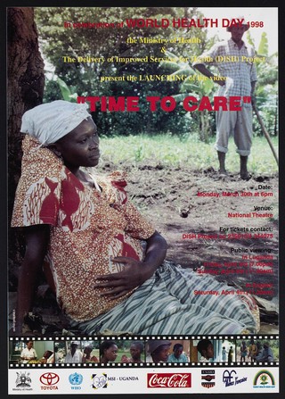 A pregnant woman rests by a tree: advert for a video 'Time To Care' to mark World Health Day 1998. Colour lithograph by the Ministry of Health, 1998.