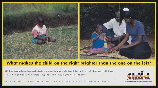 A solitary unhappy child compared with a happy child playing with her parents: CHILD project in Uganda. Colour lithograph by the Uganda Nutrition and Ministry of Health, 1998.