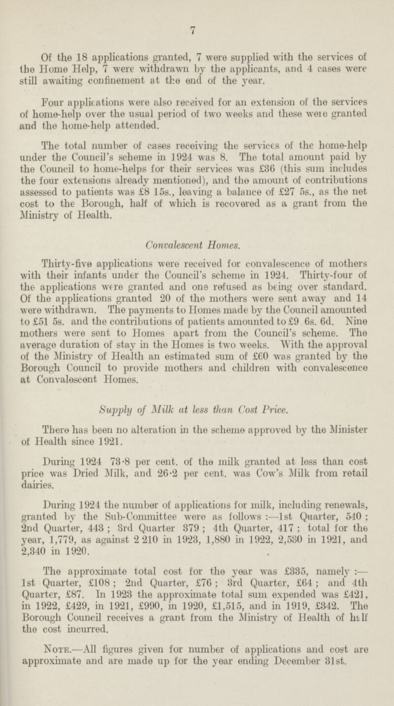 7 Of the 18 applications granted, 7 were supplied with the services of the Home Help, 7 were withdrawn by the applicants, and 4 cases were still awaiting confinement at the end of the year. Four applications were also received for an extension of the services of home-help over the usual period of two weeks and these were granted and the home-help attended. The total number of cases receiving the services of the home-help under the Council's scheme in 1924 was 8. The total amount paid by the Council to home-helps for their services was £36 (this sum includes the four extensions already mentioned), and the amount of contributions assessed to patients was £8 15s., leaving a balance of £27 5s., as the net cost to the Borough, half of which is recovered as a grant from the Ministry of Health. Convalescent Homes. Thirty-five applications were received for convalescence of mothers with their infants under the Council's scheme in 1924. Thirty-four of the applications were granted and one refused as being over standard. Of the applications granted 20 of the mothers were sent away and 14 were withdrawn. The payments to Homes made by the Council amounted to £51 5s. and the contributions of patients amounted to £9 6s. 6d. Nine mothers were sent to Homes apart from the Council's scheme. The average duration of stay in the Homes is two weeks. With the approval of the Ministry of Health an estimated sum of £60 was granted by the Borough Council to provide mothers and children with convalescence at Convalescent Homes. Supply of Milk at less than Cost Price. There has been no alteration in the scheme approved by the Minister of Health since 1921. During 1924 73.8 per cent, of the milk granted at less than cost price was Dried Milk, and 26.2 per cent, was Cow's Milk from retail dairies. During 1924 the number of applications for milk, including renewals, granted by the Sub-Committee were as follows:—1st Quarter, 540; 2nd Quarter, 443; 3rd Quarter 379; 4th Quarter, 417; total for the year, 1,779, as against 2 210 in 1923, 1,880 in 1922, 2,530 in 1921, and 2,340 in 1920. The approximate total cost for the year was £335, namely:— 1st Quarter, £108; 2nd Quarter, £76; 3rd Quarter, £64; and 4th Quarter, £87. In 1923 the approximate total sum expended was £421. in 1922, £429, in 1921, £990, in 1920, £1,515, and in 1919, £342. The Borough Council receives a grant from the Ministry of Health of hi If the cost incurred. Note.—All figures given for number of applications and cost are approximate and are made up for the year ending December 31st.