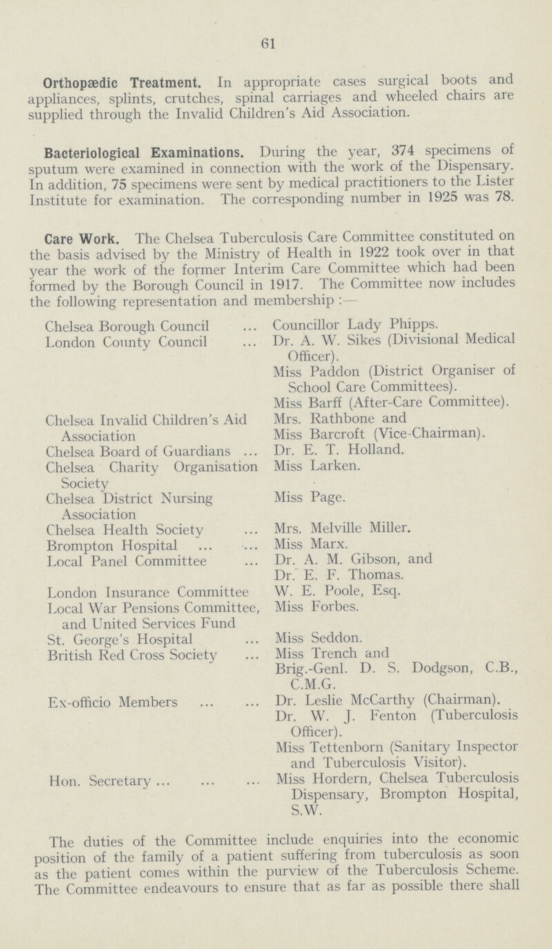 61 Orthopaedic Treatment. In appropriate cases surgical boots and appliances, splints, crutches, spinal carriages and wheeled chairs are supplied through the Invalid Children's Aid Association. Bacteriological Examinations. During the year, 374 specimens of sputum were examined in connection with the work of the Dispensary. In addition, 75 specimens were sent by medical practitioners to the Lister Institute for examination. The corresponding number in 1925 was 78. Care Work. The Chelsea Tuberculosis Care Committee constituted on the basis advised by the Ministry of Health in 1922 took over in that year the work of the former Interim Care Committee which had been formed by the Borough Council in 1917. The Committee now includes the following representation and membership:— Chelsea Borough Council Councillor Lady Phipps. London County Council Dr. A. W. Sikes (Divisional Medical Officer). Miss Paddon (District Organiser of School Care Committees). Miss Barff (After-Care Committee). Chelsea Invalid Children's Aid Mrs. Rathbone and Association Miss Barcroft (Vice-Chairman). Chelsea Board of Guardians Dr. E. T. Holland. Chelsea Charity Organisation Miss Larken. Society Chelsea District Nursing Miss Page. Association Chelsea Health Society Mrs. Melville Miller. Brompton Hospital Miss Marx. Local Panel Committee Dr. A. M. Gibson, and Dr. E. F. Thomas. London Insurance Committee W. E. Poole, Esq. Local War Pensions Committee, Miss Forbes, and United Services Fund St. George's Hospital Miss Seddon. British Red Cross Society Miss Trench and Brig.-Genl. D. S. Dodgson, C.B., C.M.G. Ex-officio Members Dr. Leslie McCarthy (Chairman). Dr. W. J. Fenton (Tuberculosis Officer). Miss Tettenborn (Sanitary Inspector and Tuberculosis Visitor)* Hon. Secretary Miss Hordern, Chelsea Tuberculosis Dispensary, Brompton Hospital, S.W. The duties of the Committee include enquiries into the economic position of the family of a patient suffering from tuberculosis as soon as the patient comes within the purview of the Tuberculosis Scheme. The Committee endeavours to ensure that as far as possible there shall