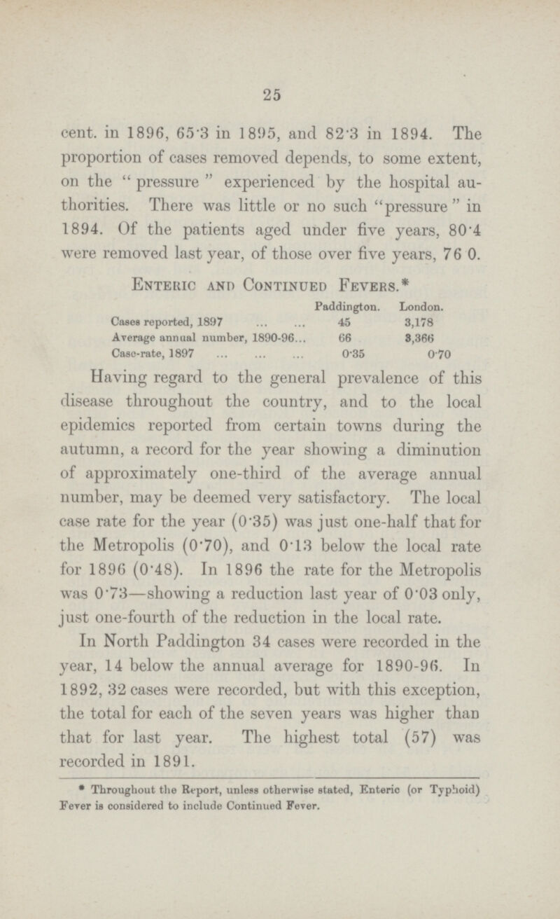 25 cent. in 1896, 65.3 in 1895, and 82.3 in 1894. The proportion of cases removed depends, to some extent, on the pressure experienced by the hospital au thorities. There was little or no such pressure in 1894. Of the patients aged under five years, 80.4 were removed last year, of those over five years, 76.0. Enteric and Continued Fevers.* Paddington. London. Cases reported, 1897 45 3,178 Average annual number, 1890-96 66 8,366 Case-rate, 1897 0.35 0.70 Having regard to the general prevalence of this disease throughout the country, and to the local epidemics reported from certain towns during the autumn, a record for the year showing a diminution of approximately one-third of the average annual number, may be deemed very satisfactory. The local case rate for the year (0.35) was just one-half that for the Metropolis (0.70), and 0.13 below the local rate for 1896 (0.48). In 1896 the rate for the Metropolis was 0.73—showing a reduction last year of 0.03 only, just one-fourth of the reduction in the local rate. In North Paddington 34 cases were recorded in the year, 14 below the annual average for 1890-96. In 1892, 32 cases were recorded, but with this exception, the total for each of the seven years was higher than that for last year. The highest total (57) was recorded in 1891. *Throughout the Report, unless otherwise stated, Enteric (or Typhoid) Fever is considered to include Continued Fever.