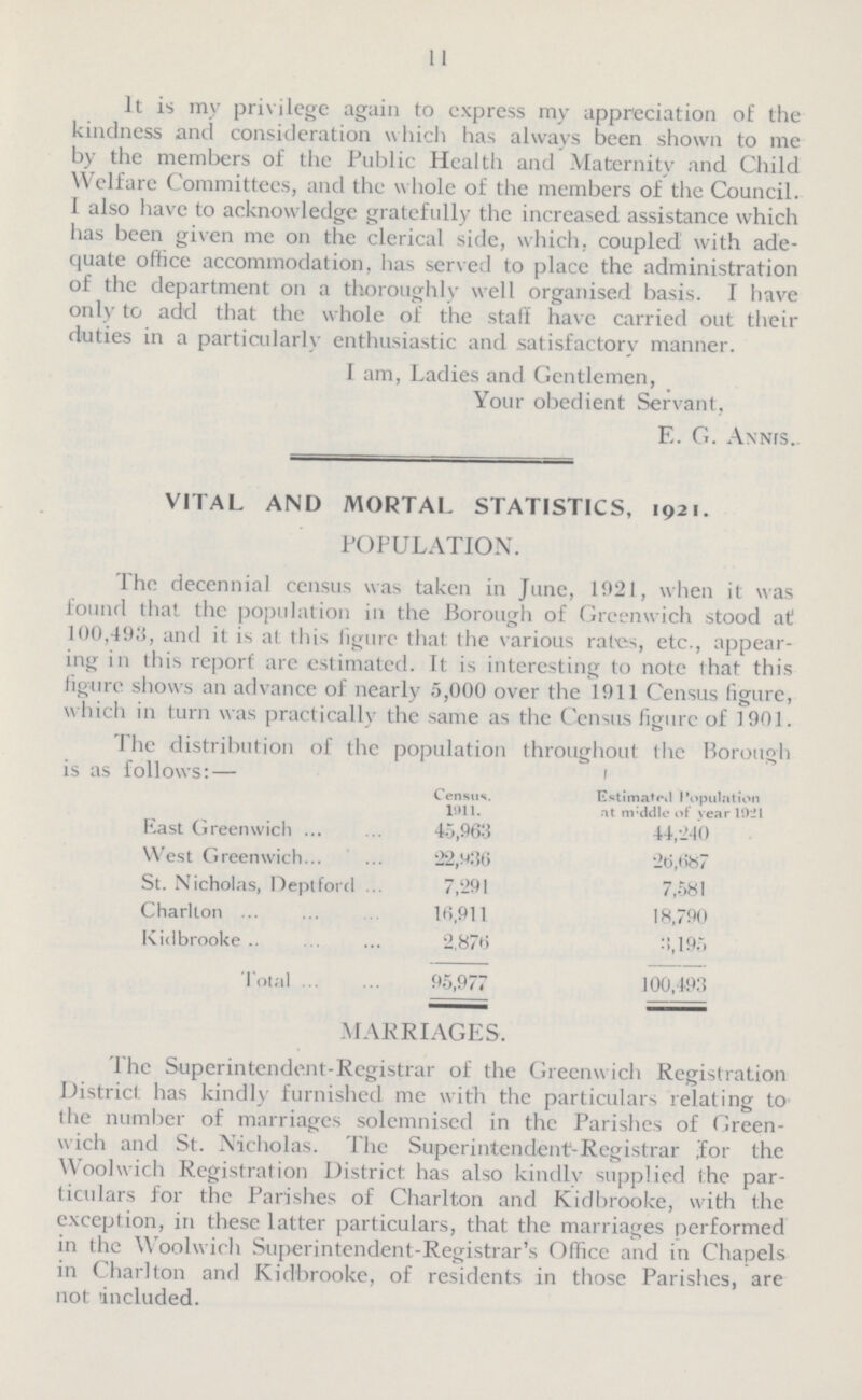 11 It is my privilege again to express my appreciation of the kindness and consideration which has always been shown to me by the members of the Public Health and Maternity and Child Welfare Committees, and the whole of the members of the Council. I also have to acknowledge gratefully the increased assistance which has been given me on the clerical side, which, coupled' with ade quate office accommodation, has served to place the administration of the department on a thoroughly well organised basis. I have only to add that the whole of the staff have carried out their duties in a particularly enthusiastic and satisfactory manner. I am, Ladies and Gentlemen, Your obedient Servant, E. G. Annis. VITAL AND MORTAL STATISTICS, 1921. POPULATION. The decennial census was taken in June, 1021, when it was found that the population in the Borough of Greenwich stood at 100,493, and it is at this figure that the various rates, etc., appear ing in this report are estimated. It is interesting to note that this figure shows an advance of nearly 5,000 over the 1911 Census figure, w hich in turn was practicallv the same as the Census figure of 1901. The distribution of the population throughout the Borough is as follows:— Census. 1911. Estimated Population at nvddle of Year 1921 East Greenwich 45,963 44,240 West Greenwich 22,936 26,687 St. Nicholas, Deptford 7,291 7,581 Charlton 16,911 18,790 Kidbrooke 2.876 3,195 Total 95,977 100,493 MARRIAGES. The Superintendent.Registrar of the Greenwich Registration District has kindly furnished me with the particulars relating to the number of marriages solemnised in the Parishes of Green wich and St. Nicholas. The Superintendent.Registrar for the Woolwich Registration District has also kindly supplied the par ticulars for the Parishes of Charlton and Kidbrooke, with the exception, in these latter particulars, that the marriages performed in the Woolwich Superintendent.Registrar's Office and in Chapels in Charlton and Kidbrooke, of residents in those Parishes, are not included.