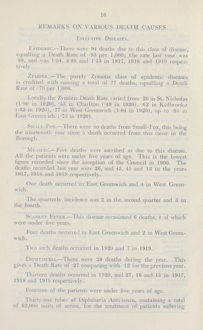 16 REMARKS OX V ARIOUS DEATH CAUSES. Infective Diseases. Epidemic.—There were 94 deaths due to this class of disease,, equalling a Death Rate of .93 per 1,000; the rate last year' was 88, and was 154, 4.80 and 153 in 1917, 1918 and 1919 respec tively. Zymotic.—The purely Zymotic class of epidemic diseases is credited with causing a total of 77 deaths, equalling a Death Kate of .76 per 1,000. Locally the Zymotic Death Rate varied from .20 in St. Nicholas (1.90 in 1920), .53 in Charlton (.49 in 1920), .62 in Kidbrooke (.32 in 1920), .77 in West Greenwich (104 in 1920), up to .95 in East Greenwich (.73 in 1920). Small-Pox.—There were no deaths from Small-Fox, this being the nineteenth year since a death occurred from this cause in the Borough. Measles.—Five deaths were ascribed as due to this disease. All the patients were under five years of age. This is the lowest figure recorded since the inception of the Council in 1900. The deaths recorded last year were 26, and 45, 45 and 13 in the years 1917, 1918 and 1919 respectively. One death occurred in East Greenwich and 4 in West Green wich. The quarterly incidence was 2 in the second quarter and 3 in the fourth. Scarlet Fever.—This disease occasioned 6 deaths, 4 of which were under five years. Four deaths occurred in East Greenwich and 2 in West Green wich. Two such deaths occurred in 1920 and 7 in 1919. Diphtheria.—There were 28 deaths during the year. This gives a Death Rate of .27 comparing with 12 for the previous year. Thirteen deaths occurred in 1920, and 27, 16 and 15 in 1917, 1918 and 1916 respectively. Fourteen of the patients were under five years of age. Thirty.one tubes of Diphtheria Anti.toxin, containing a total of 62,000 units of serum, for the treatment of patients suffering