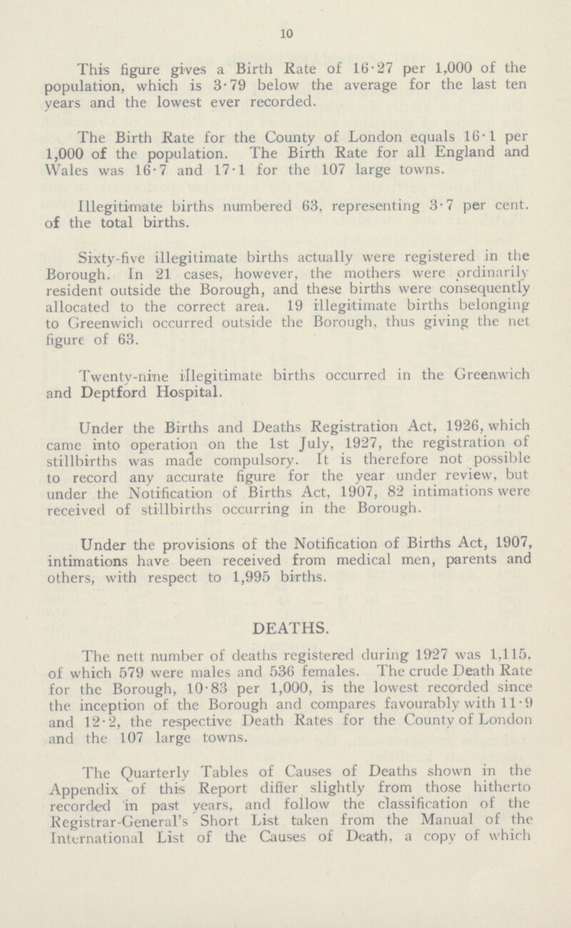 10 This figure gives a Birth Rate of 16.27 per 1,000 of the population, which is 3.79 below the average for the last ten years and the lowest ever recorded. The Birth Rate for the County of London equals 16.1 per 1,000 of the population. The Birth Rate for all England and Wales was 16.7 and 17.1 for the 107 large towns. Illegitimate births numbered 63, representing 3.7 per cent. of the total births. Sixty-five illegitimate births actually were registered in the Borough. In 21 cases, however, the mothers were ordinarily resident outside the Borough, and these births were consequently allocated to the correct area. 19 illegitimate births belonging to Greenwich occurred outside the Borough, thus giving the net figure of 63. Twenty-nine illegitimate births occurred in the Greenwich and Deptford Hospital. Under the Births and Deaths Registration Act, 1926, which came into operation on the 1st July, 1927, the registration of stillbirths was made compulsory. It is therefore not possible to record any accurate figure for the year under review, but under the Notification of Births Act, 1907, 82 intimations were received of stillbirths occurring in the Borough. Under the provisions of the Notification of Births Act, 1907, intimations have been received from medical men, parents and others, with respect to 1,995 births. DEATHS. The nett number of deaths registered during 1927 was 1,115, of which 579 were males and 536 females. The crude Death Rate for the Borough, 10.83 per 1,000, is the lowest recorded since the inception of the Borough and compares favourably with 11.9 and 12.2, the respective Death Rates for the County of London and the 107 large towns. The Quarterly Tables of Causes of Deaths shown in the Appendix of this Report differ slightly from those hitherto recorded in past years, and follow the classification of the Registrar General's Short List taken from the Manual of the International List of the Causes of Death, a copy of which