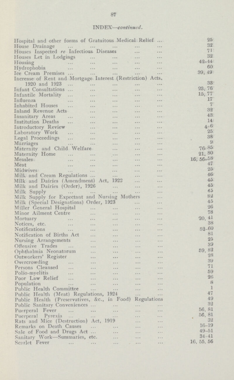 87 INDEX—continued. Hospital and other forms of Gratuitous Medical Relief 25 House Drainage 32 Houses Inspected re Infectious Diseases 71 Houses Let in Lodgings 32 Housing 42-44 Hydrophobia 60 Ice Cream Premises 39, 49 Increase of Rent and Mortgage Interest (Restriction) Acts, 1920 and 1923 33 Infant Consultations 23, 76 Infantile Mortality 15, 77 Influenza 17 Inhabited Houses 7 Inland Revenue Acts 32 Insanitary Areas 43 Institution Deaths 14 Introductory Review 4-6 Laboratory Work 25 Legal Proceedings 38 Marriages 9 Maternity and Child Welfare 76-85 Maternity Home 21, 80 Measles 16, 56-58 Meat 47 Mid wives 25 Milk and Cream Regulations 46 Milk and Dairies (Amendment) Act, 1922 45 Milk and Dairies (Order), 1926 45 Milk Supply 45 Milk Supply for Expectant and Nursing Mothers 82 Milk (Special Designations) Order, 1923 45 Miller General Hospital 26 Minor Ailment Centre 78 Mortuary 20, 41 Notices, etc. 38 Notifications 52-60 Notification of Births Act 81 Nursing Arrangements 25 Offensive Trades Ophthalmia Neonatorum 59. 82 Outworkers' Register Overcrowding 39 Persons Cleansed 71 Polio-myelitis Poor Law Relief 26 Population Public Health Committee Public Health (Meat) Regulations, 1924 47 Public Health (Preservatives, &c., in Food) Regulations 49 Public Sanitary Conveniences 32 Puerperal Fever 56, 81 Puerperal Pyrexia 56, 81 Rats and Mice (Destruction) Act, 1919 32 Remarks on Death Causes 16-19 Sale of Food and Drugs Act 49-51 Sanitary Work—Summaries, etc. 34-41 Scarlet Fever 16, 55, 56