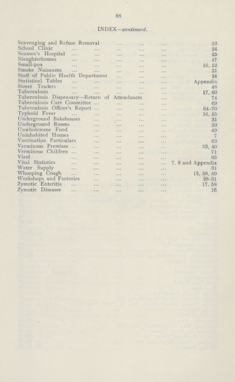 88 INDEX—continued. Scavenging and Refuse Removal 33 School Clinic 24 Seamen's Hospital 25 Slaughterhouses 47 Small-pox 16, 52 Smoke Nuisances 31 Staff of Public Health Department 24 Statistical Tables Appendix Street Traders 48 Tuberculosis 17, 60 Tuberculosis Dispensary—Return of Attendances 74 Tuberculosis Care Committee 69 Tuberculosis Officer's Report 64-70 Typhoid Fever 16, 55 Underground Bakehouses 31 Underground Rooms 39 Unwholesome Food 49 Uninhabited Houses 7 Vaccination Particulars 63 Verminous Premises 33, 40 Verminous Children 71 Virol 83 Vital Statistics 7, 8 and Appendix Water Supply 31 Whooping Cough 15, 58, 59 Workshops and Factories 28-31 Zymotic Enteritis 17, 58 Zymotic Diseases 16