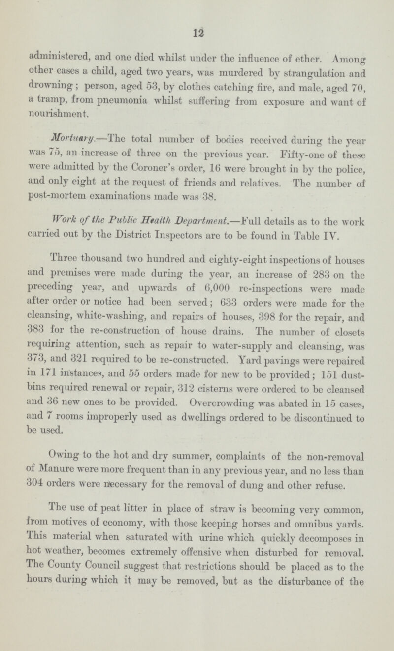 12 administered, and one died whilst under the influence of ether. Among other cases a child, aged two years, was murdered by strangulation and drowning ; person, aged 53, by clothes catching fire, and male, aged 70, a tramp, from pneumonia whilst suffering from exposure and want of nourishment. Mortuary.—The total number of bodies received during the year was 75, an increase of three on the previous year. Fifty-one of these were admitted by the Coroner's order, 16 were brought in by the police, and only eight at the request of friends and relatives. The number of post-mortem examinations made was 38. Work of the Public Health Department.—Full details as to the work carried out by the District Inspectors are to be found in Table IV. Three thousand two hundred and eighty-eight inspections of houses and premises were made during the year, an increase of 283 on the preceding year, and upwards of 6,000 re-inspections were made after order or notice had been served; 633 orders were made for the cleansing, white-washing, and repairs of houses, 398 for the repair, and 383 for the re-construction of house drains. The number of closets requiring attention, such as repair to water-supply and cleansing, was 373, and 321 required to be re-constructed. Yard pavings were repaired in 171 instances, and 55 orders made for new to be provided; 151 dust bins required renewal or repair, 312 cisterns were ordered to be cleansed and 36 new ones to be provided. Overcrowding was abated in 15 cases, and 7 rooms improperly used as dwellings ordered to be discontinued to be used. Owing to the hot and dry summer, complaints of the non-removal of Manure were more frequent than in any previous year, and no less than 304 orders were necessary for the removal of dung and other refuse. The use of peat litter in place of straw is becoming very common, from motives of economy, with those keeping horses and omnibus yards. This material when saturated with urine which quickly decomposes in hot weather, becomes extremely offensive when disturbed for removal. The County Council suggest that restrictions should be placed as to the hours during which it may be removed, but as the disturbance of the