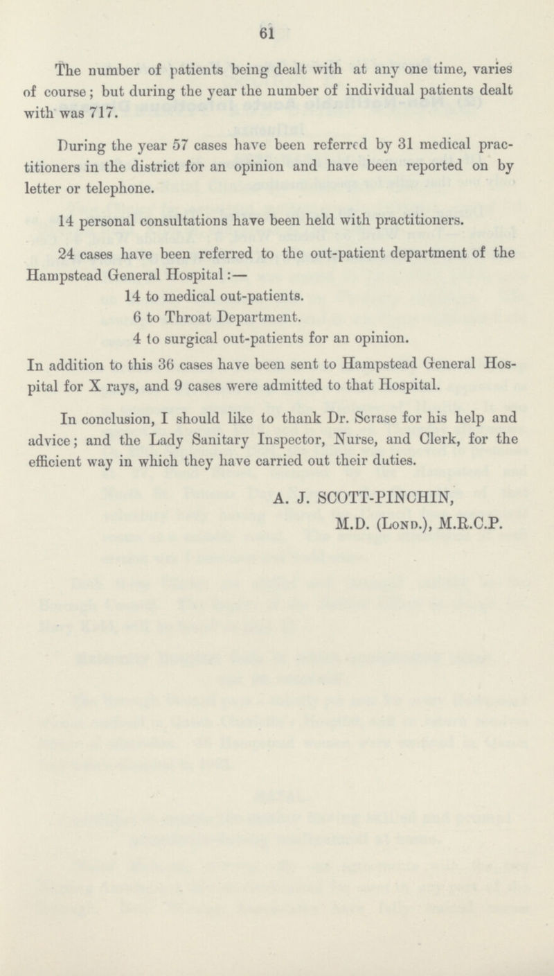 61 The number of patients being dealt with at any one time, varies of course; but during the year the number of individual patients dealt with was 717. During the year 57 cases have been referred by 31 medical prac titioners in the district for an opinion and have been reported on by letter or telephone. 14 personal consultations have been held with practitioners. 24 cases have been referred to the out-patient department of the Hampstead General Hospital:— 14 to medical out-patients. 6 to Throat Department. 4 to surgical out-patients for an opinion. In addition to this 36 cases have been sent to Hampstead General Hos pital for X rays, and 9 cases were admitted to that Hospital. In conclusion, I should like to thank Dr. Scrase for his help and advice; and the Lady Sanitary Inspector, Nurse, and Clerk, for the efficient way in which they have carried out their duties. A. J. SCOTT-PINCHIN, M.D. (Lond.), M.R.C.P.