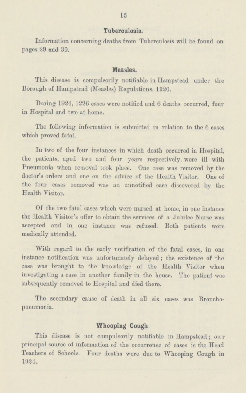 15 Tuberculosis. Information concerning deaths from Tuberculosis will be found on pages 29 and 30. Measles. This disease is compulsorily notifiable in Hampstead under the Borough of Hampstead (Measles) Regulations, 1920. During 1924, 1226 cases were notified and 6 deaths occurred, four in Hospital and two at home. The following information is submitted in relation to the 6 cases which proved fatal. In two of the four instances in which death occurred in Hospital, the patients, aged two and four years respectively, were ill with Pneumonia when removal took place. One case was removed by the doctor's orders and one on the advice of the Health Visitor. One of the four cases removed was an unnotified case discovered by the Health Visitor. Of the two fatal cases which were nursed at home, in one instance the Health Visitor's offer to obtain the services of a Jubilee Nurse was accepted and in one instance was refused. Both patients were medically attended. With regard to the early notification of the fatal cases, in one instance notification was unfortunately delayed; the existence of the case was brought to the knowledge of the Health Visitor when investigating a case in another family in the house. The patient was subsequently removed to Hospital and died there. The secondary cause of death in all six cases was Broncho pneumonia. Whooping Cough. This disease is not compulsorily notifiable in Hampstead; our principal source of information of the occurrence of cases is the Head Teachers of Schools Four deaths were due to Whooping Cough in 1924.