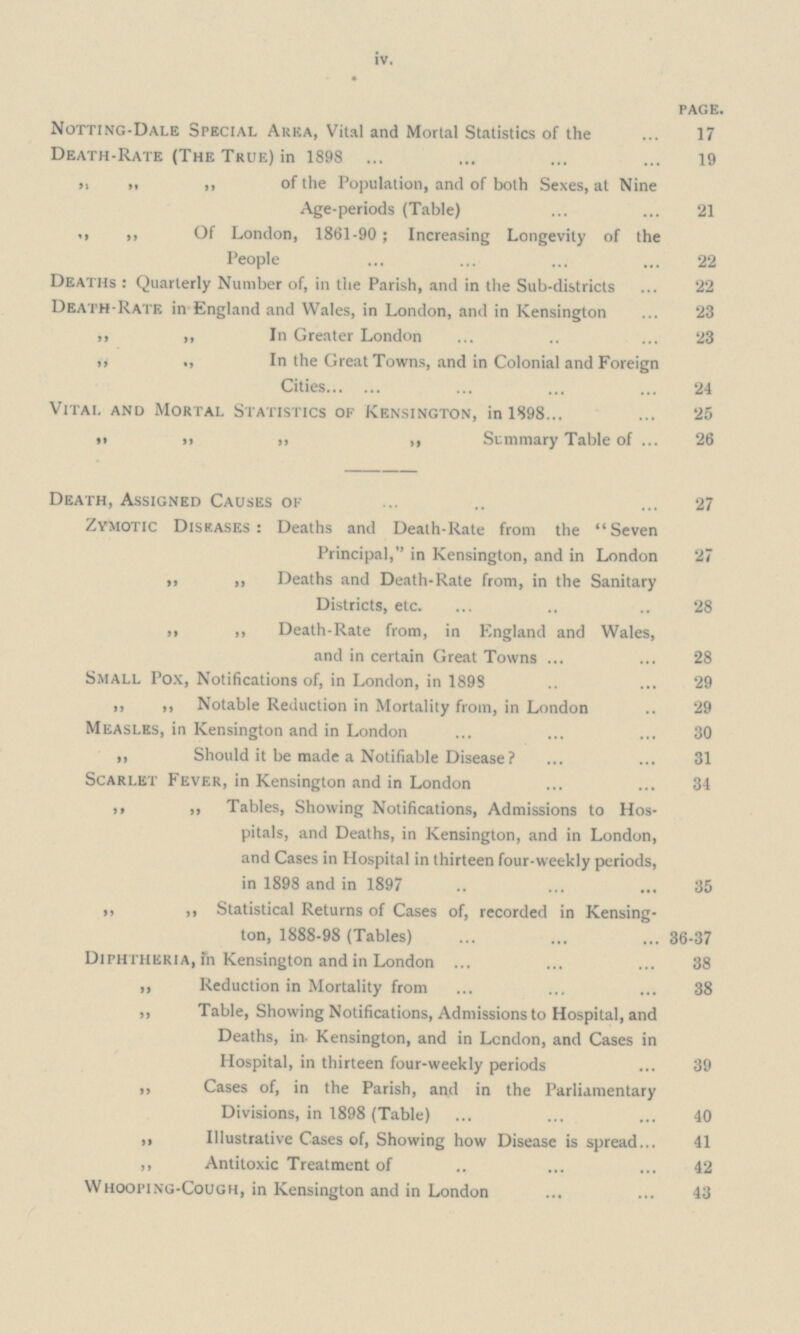 iv. PAGE. Notting-Dale Special Area, Vital and Mortal Statistics of the 17 Death-Rate (The True) in 1898 19 „ „ ,, of the Population, and of both Sexes, at Nine Age-periods (Table) 21 ,, ,, Of London, 1861-90 ; Increasing Longevity of the People 22 Deaths : Quarterly Number of, in the Parish, and in the Sub-districts 22 Death-Rate in England and Wales, in London, and in Kensington 23 „ ,, In Greater London 23 ,, ., In the Great Towns, and in Colonial and Foreign Cities 24 Vitai. and Mortal Statistics of Kensington, in 1898 25 „ „ ,, ,, Summary Table of 26 Death, Assigned Causes of 27 Zymotic Diseases: Deaths and Death-Rate from the Seven Principal, in Kensington, and in London 27 ,, ,, Deaths and Death-Rate from, in the Sanitary Districts, etc. 28 ,, ,, Death-Rate from, in England and Wales, and in certain Great Towns 28 Small Pox, Notifications of, in London, in 1898 29 ,, ,, Notable Reduction in Mortality from, in London 29 Measles, in Kensington and in London 30 „ Should it be made a Notifiable Disease 31 Scarlet Fever, in Kensington and in London 34 ,, ,, Tables, Showing Notifications, Admissions to Hos pitals, and Deaths, in Kensington, and in London, and Cases in Hospital in thirteen four-weekly periods, in 1898 and in 1897 35 ,, ,, Statistical Returns of Cases of, recorded in Kensing ton, 1888-98 (Tables) 36-37 Diphtheria, fn Kensington and in London 38 „ Reduction in Mortality from 38 ,, Table, Showing Notifications, Admissions to Hospital, and Deaths, in Kensington, and in London, and Cases in Hospital, in thirteen four-weekly periods 39 „ Cases of, in the Parish, and in the Parliamentary Divisions, in 1898 (Table) 40 ,, Illustrative Cases of, Showing how Disease is spread 41 „ Antitoxic Treatment of 42 Whooping-Cough, in Kensington and in London 43